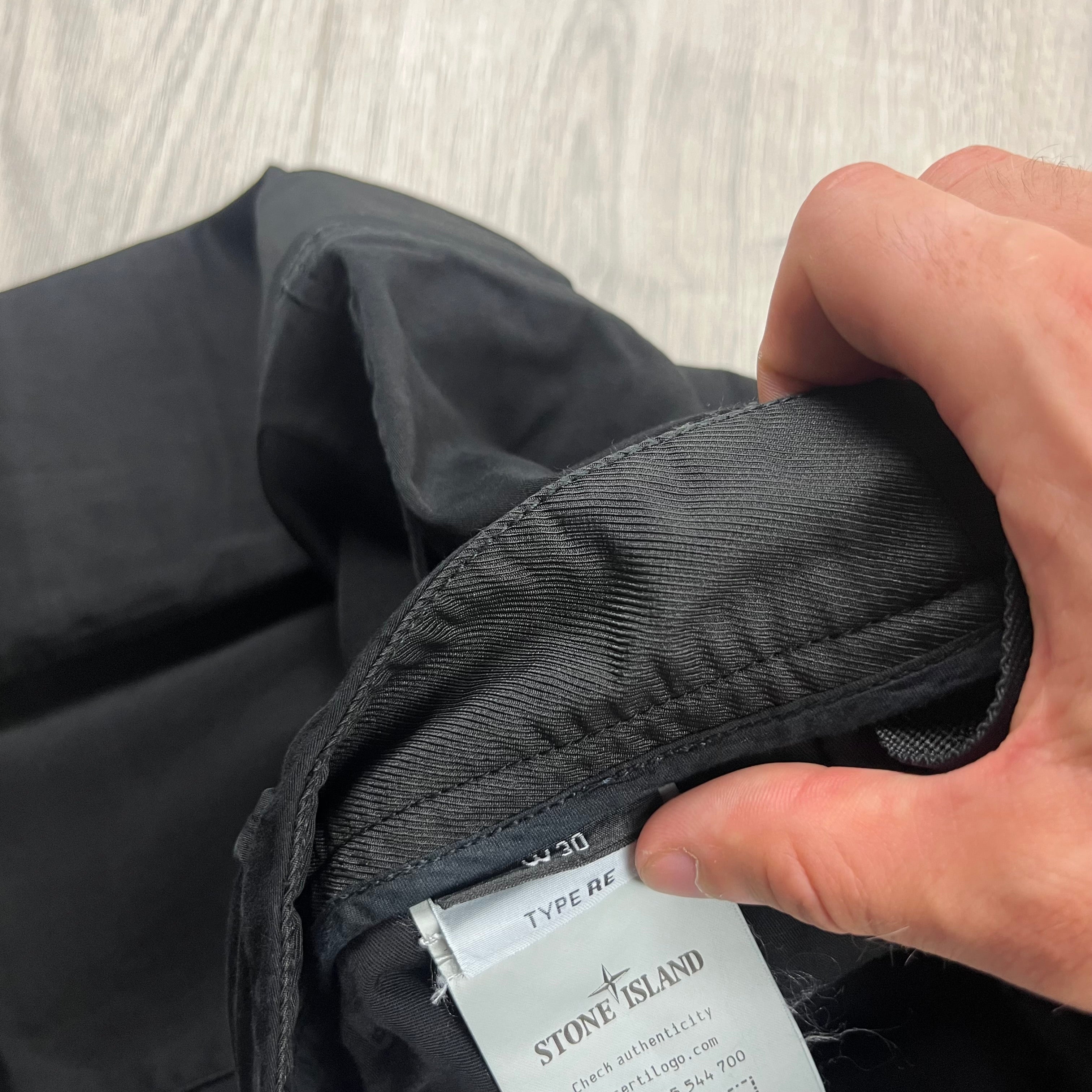 Stone Island Cotton Satin Cargo Trousers in Black. On sale at Open Attire.