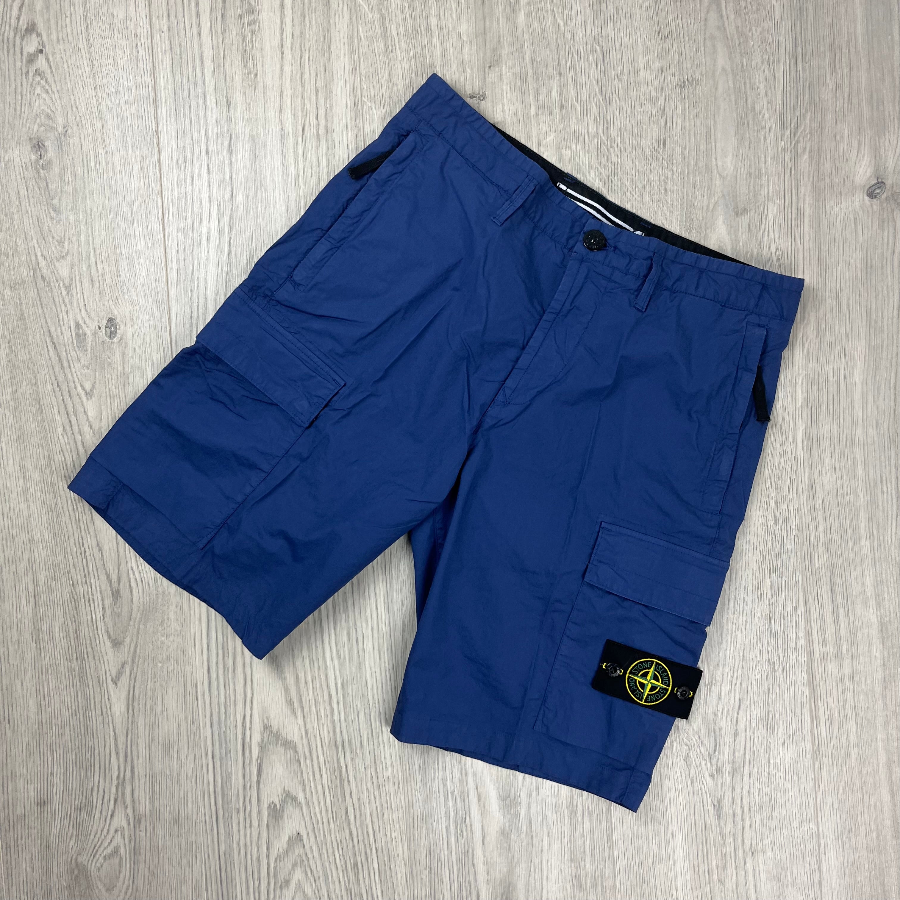Stone Island Bermuda Cargo Shorts in Bright Blue. On sale at Open Attire.