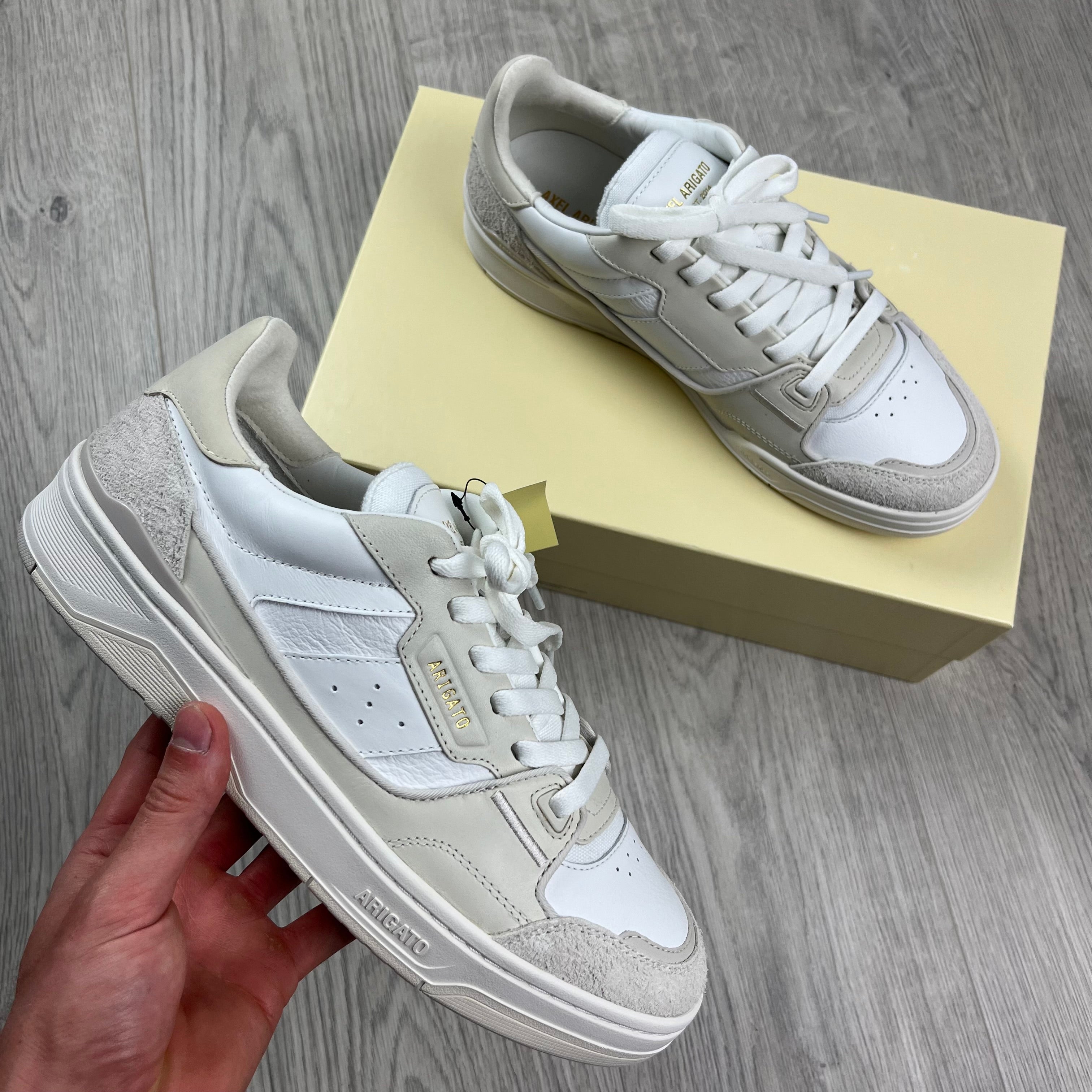 Men's Axel Arigato Clay Sneakers in Beige/White. On sale at Open Attire.