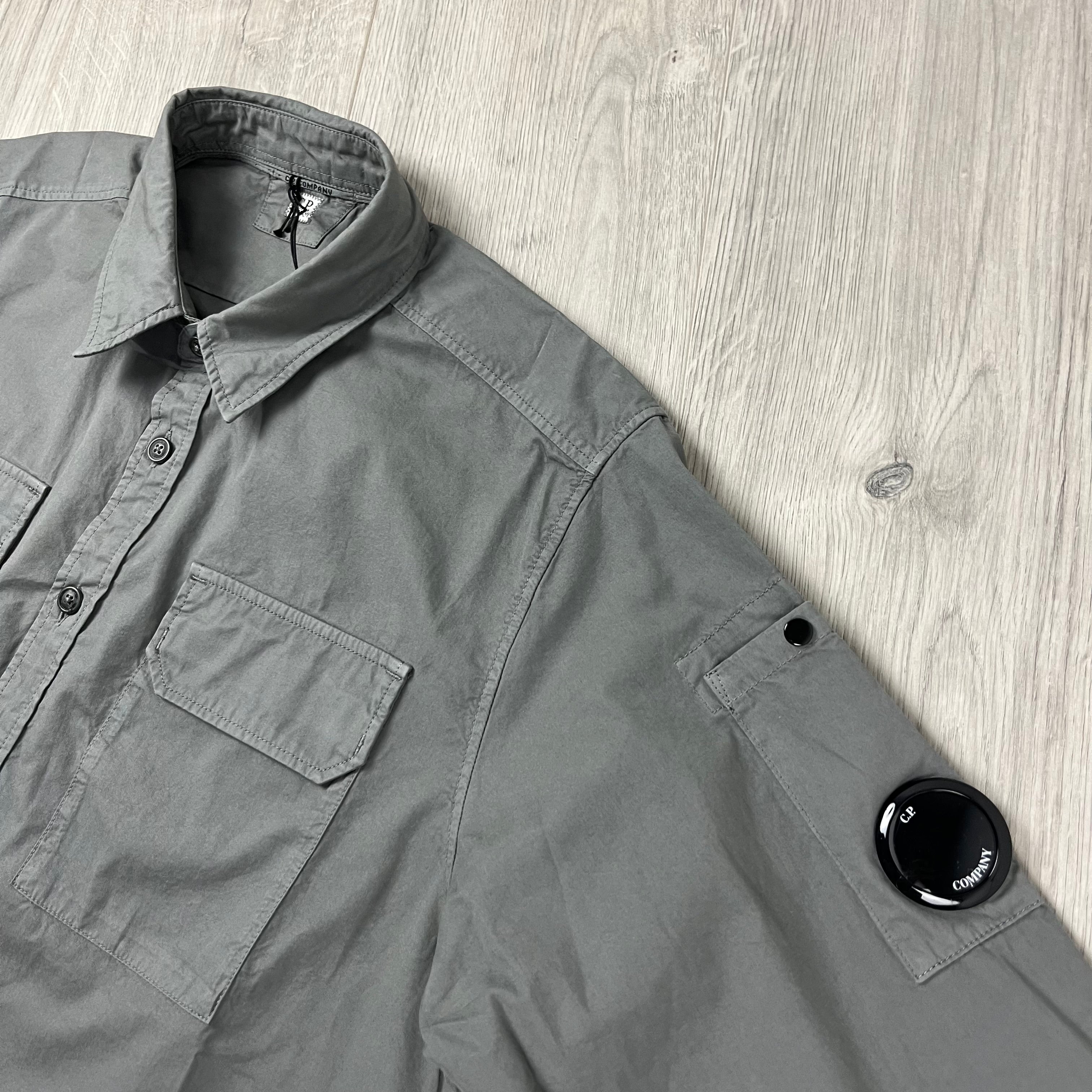 CP Company Button Gabardine Overshirt in Smoked Pearl. On sale at Open Attire.