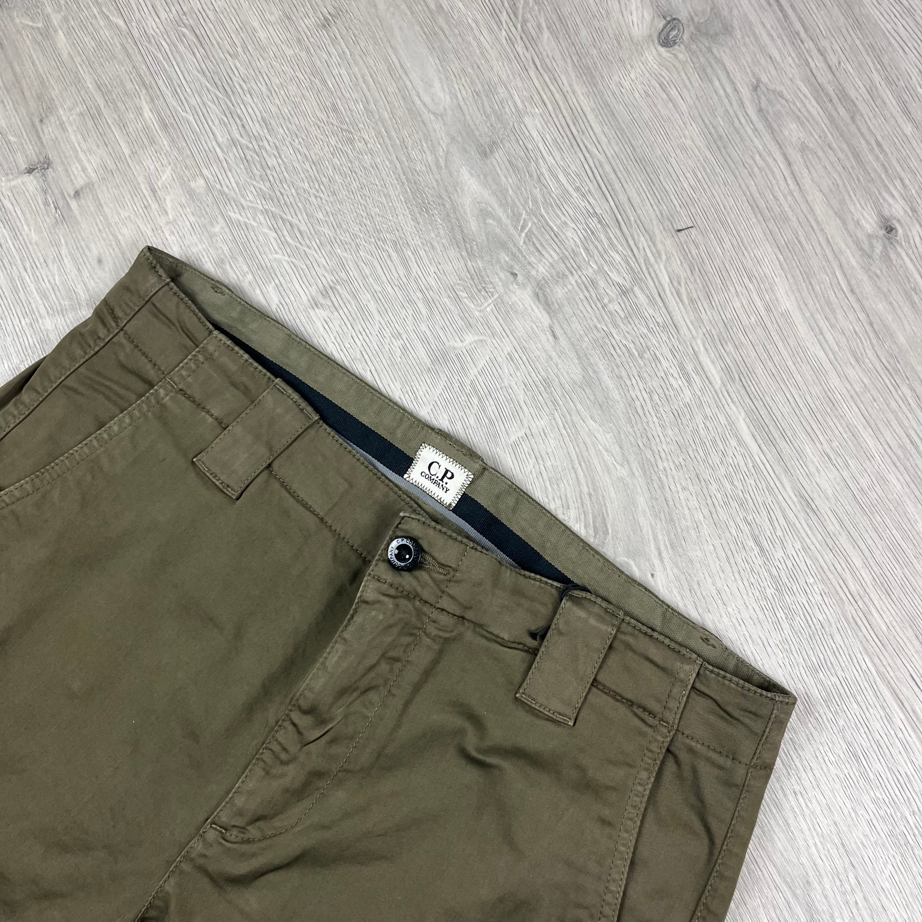 CP Company Gabardine Cargo Shorts in Ivy Green. On sale at Open Attire.