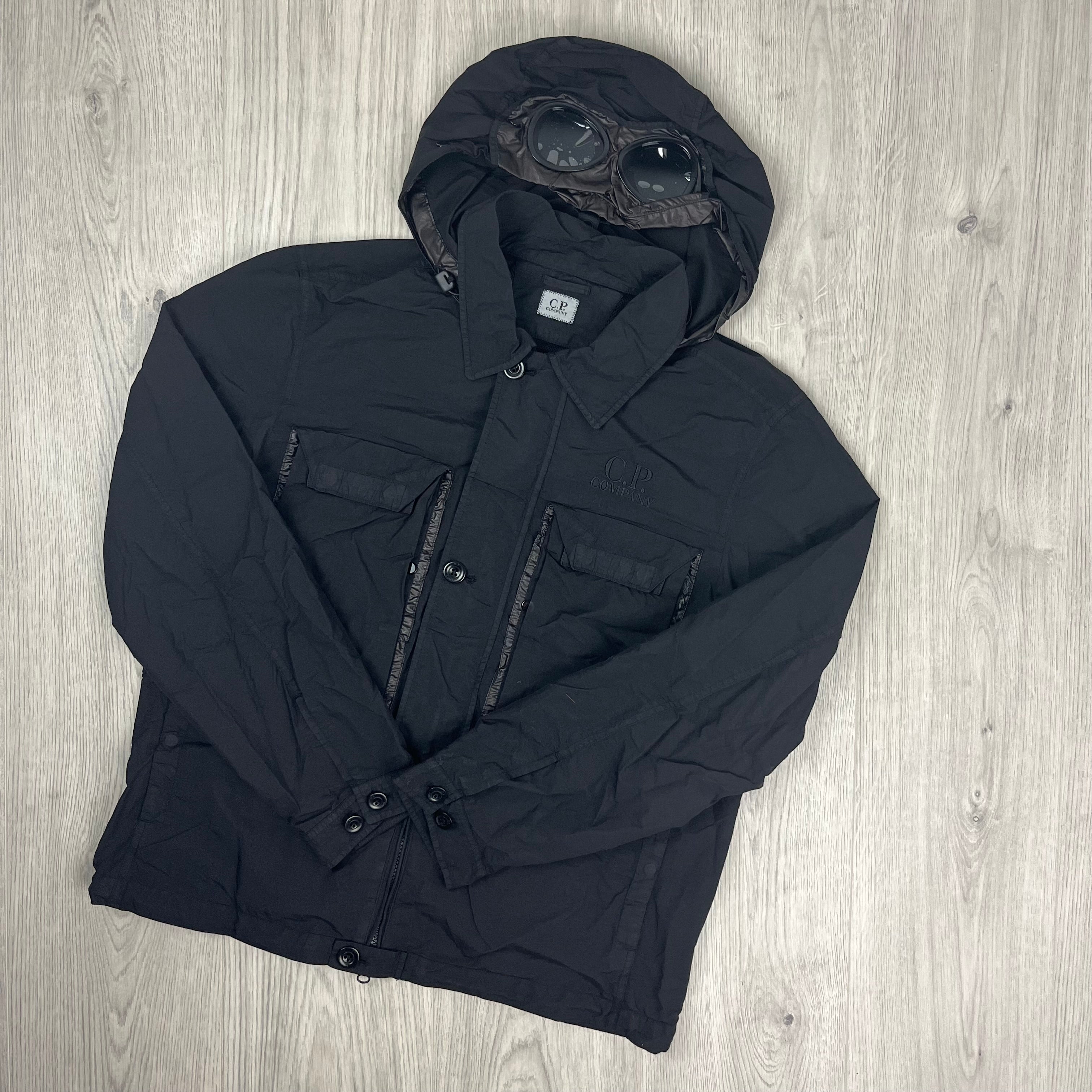 Men's CP Company Flatt Nylon Goggle Overshirt in Black. On sale at Open Attire.
