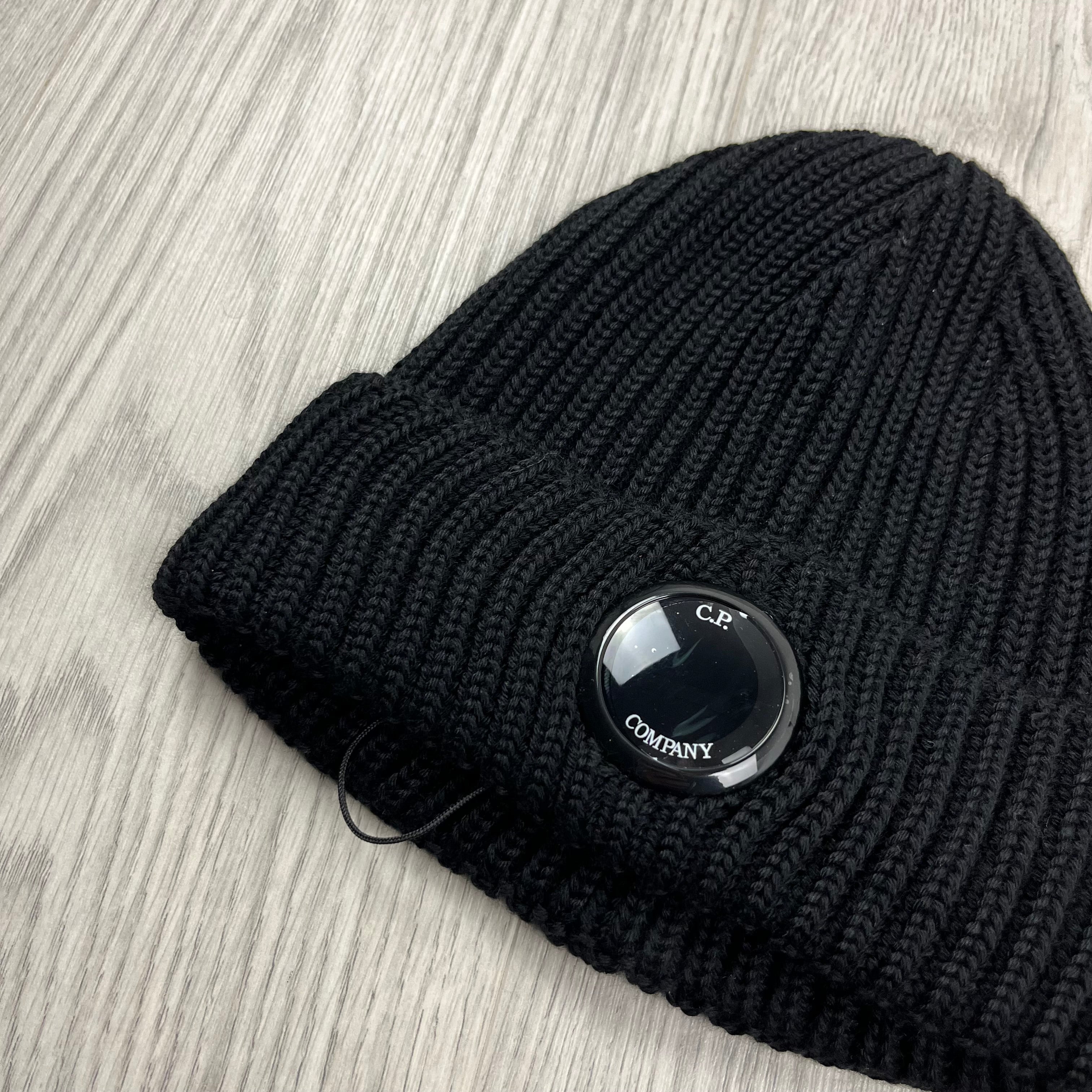 CP Company Lens Beanie in Black. On sale at Open Attire.