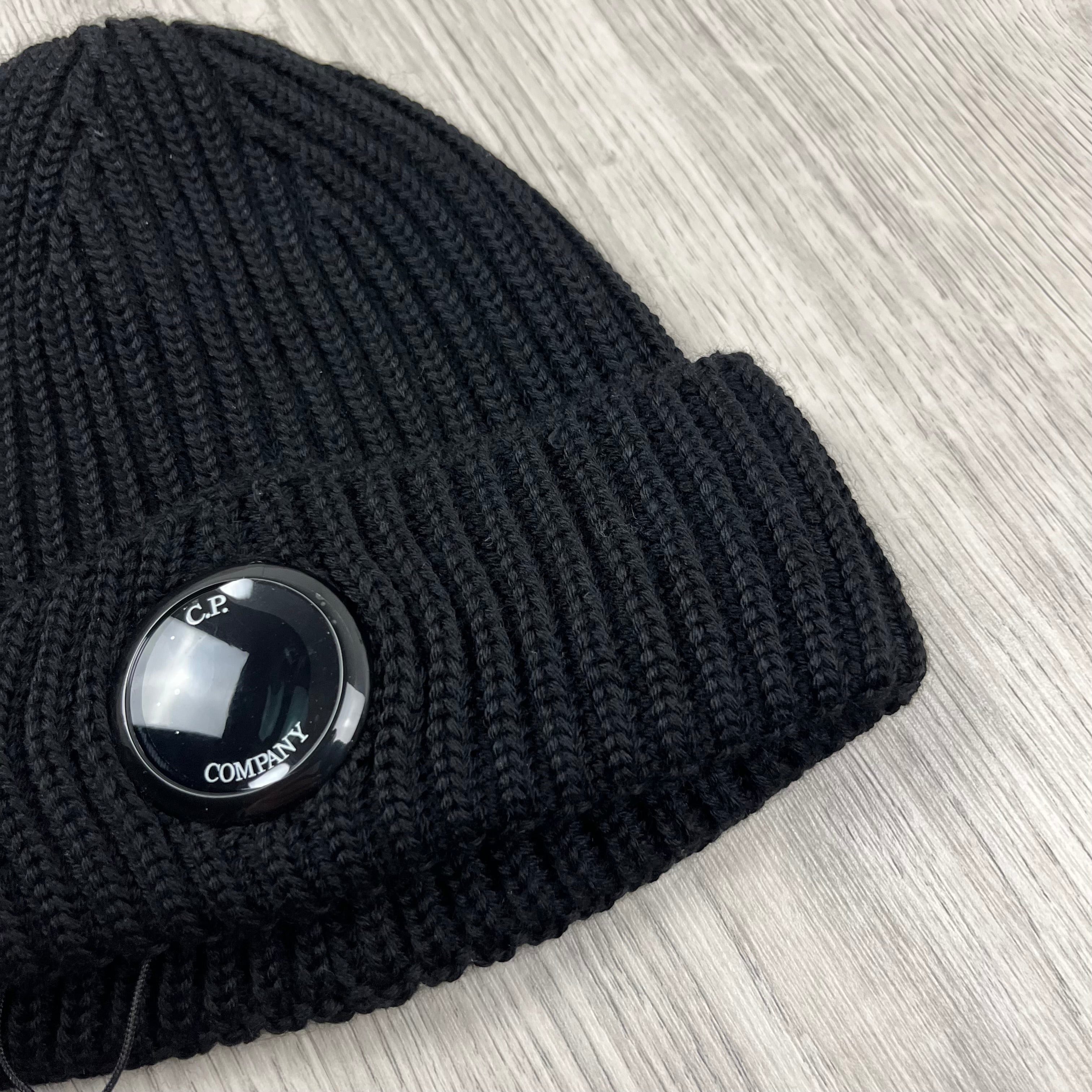 CP Company Lens Beanie in Black. On sale at Open Attire.