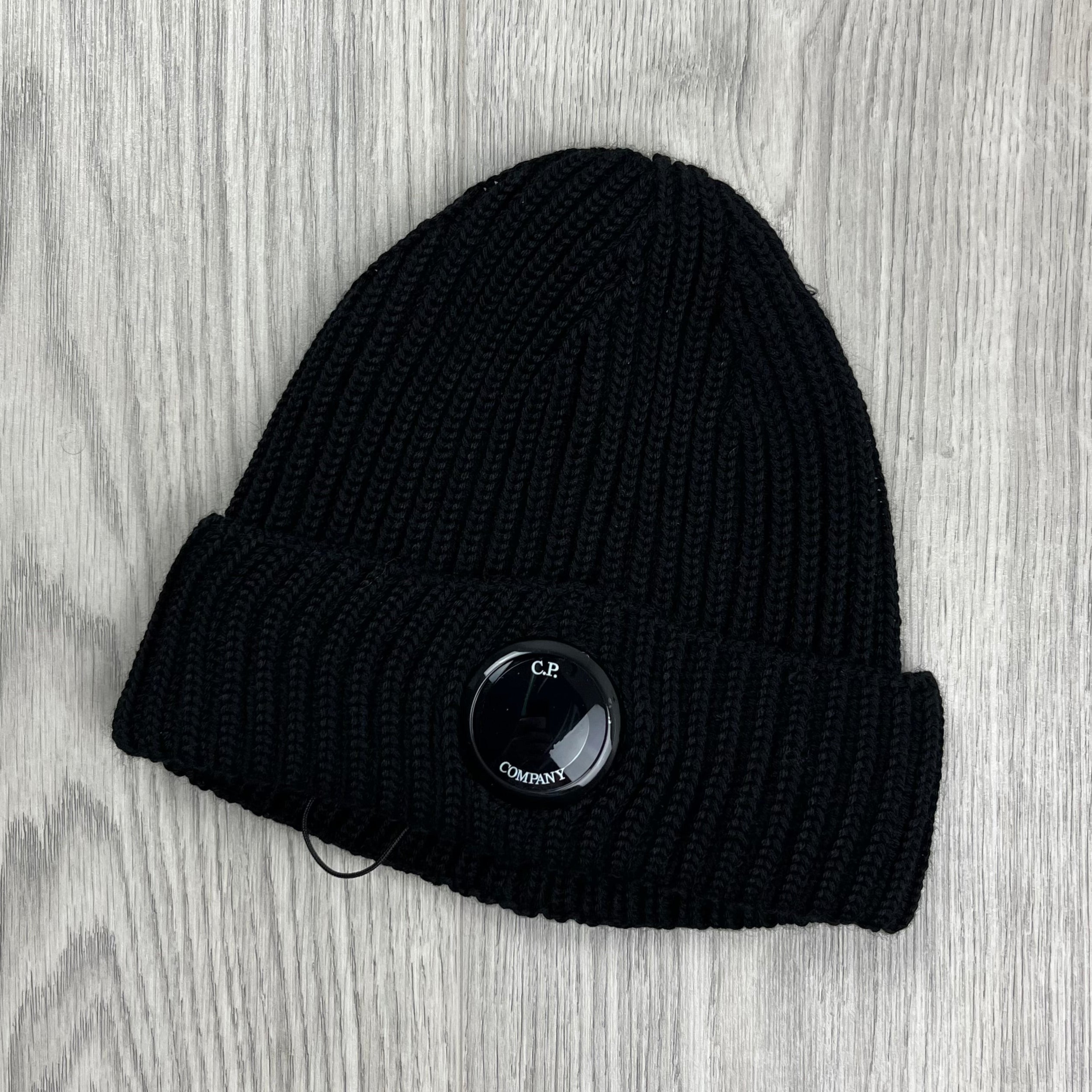 CP Company Lens Beanie in Black. On sale at Open Attire.