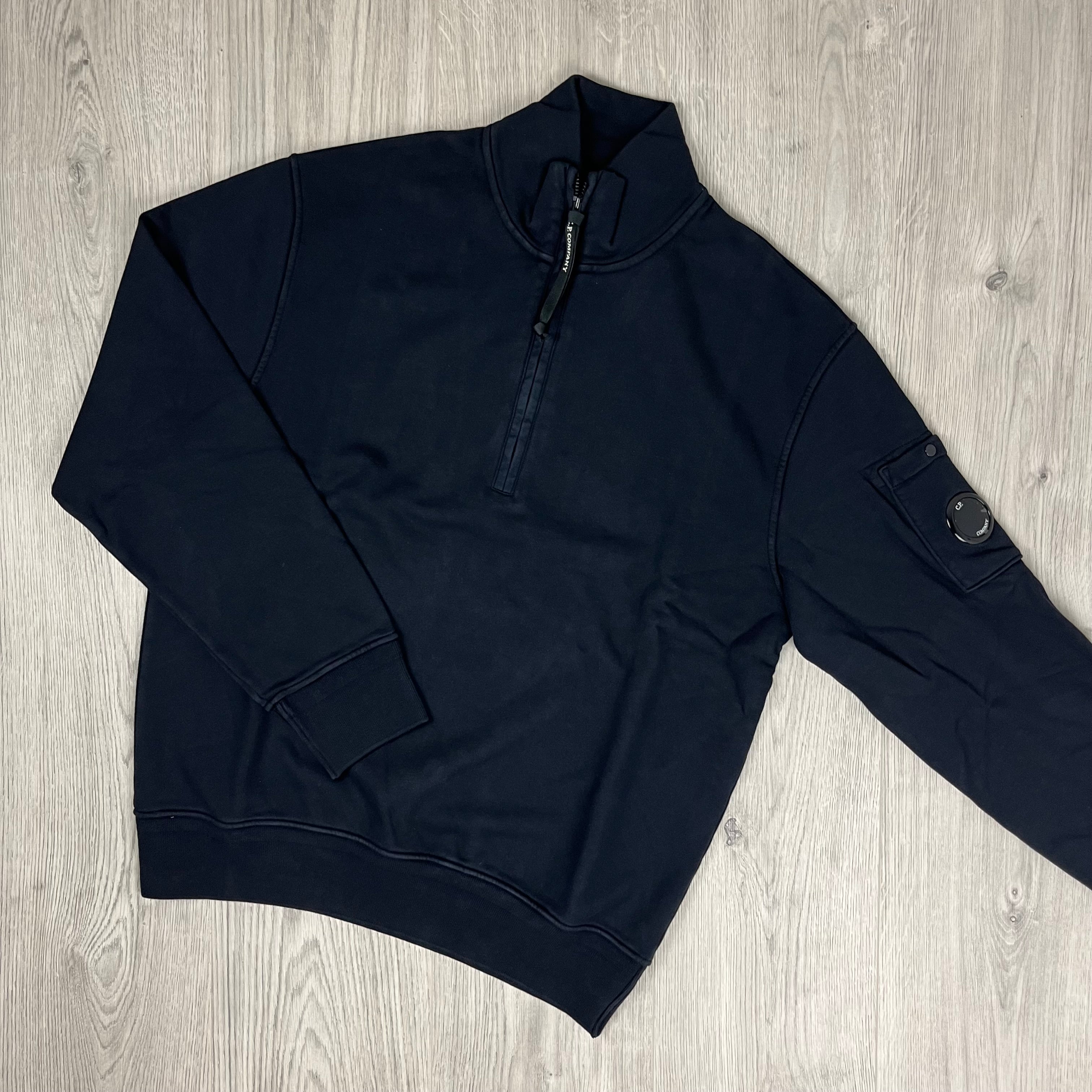 Men's CP Company Raised Fleece Zip Sweatshirt in Total Eclipse Navy Blue. On sale at Open Attire.