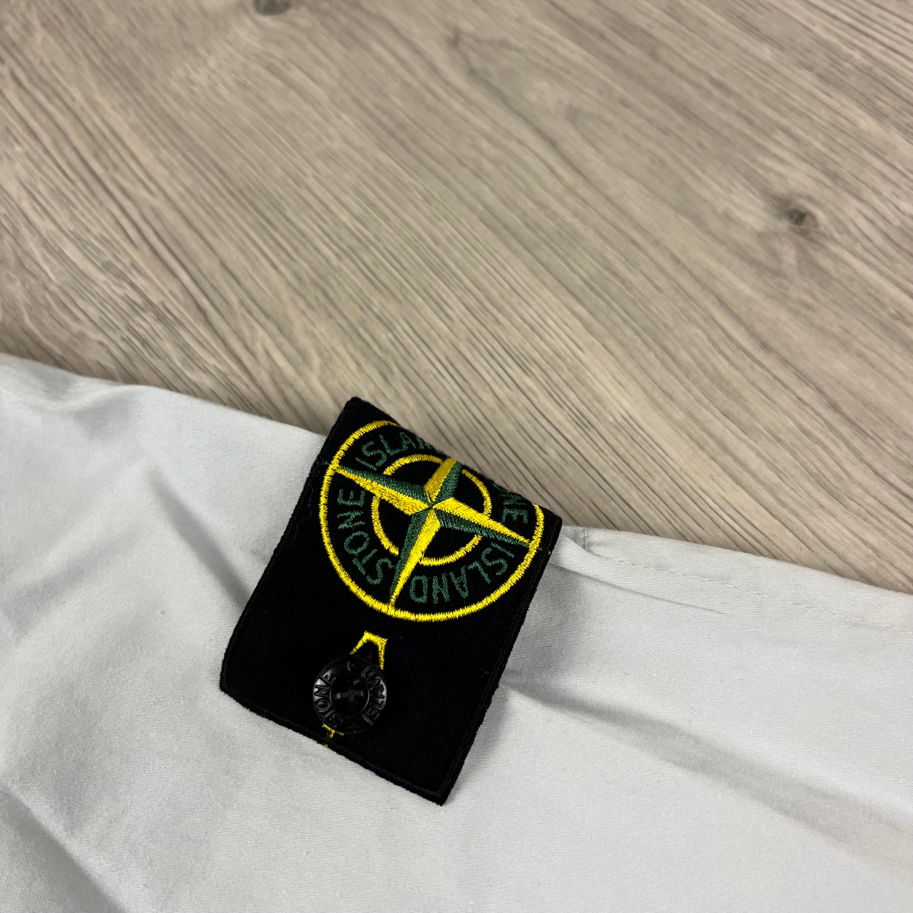 Stone Island Stretch Cotton Satin Overshirt in Sky Blue. On sale at Open Attire.