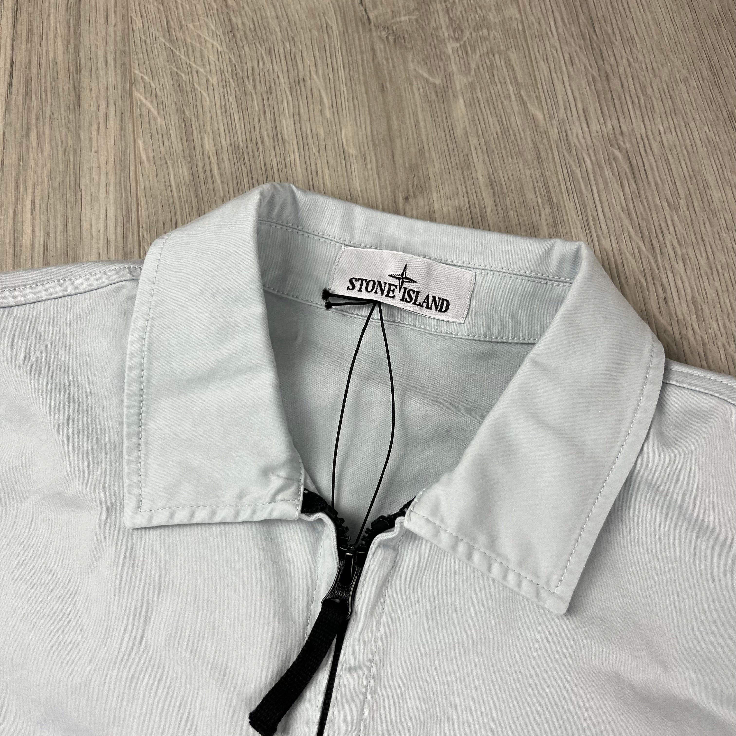 Stone Island Stretch Cotton Satin Overshirt in Sky Blue. On sale at Open Attire.