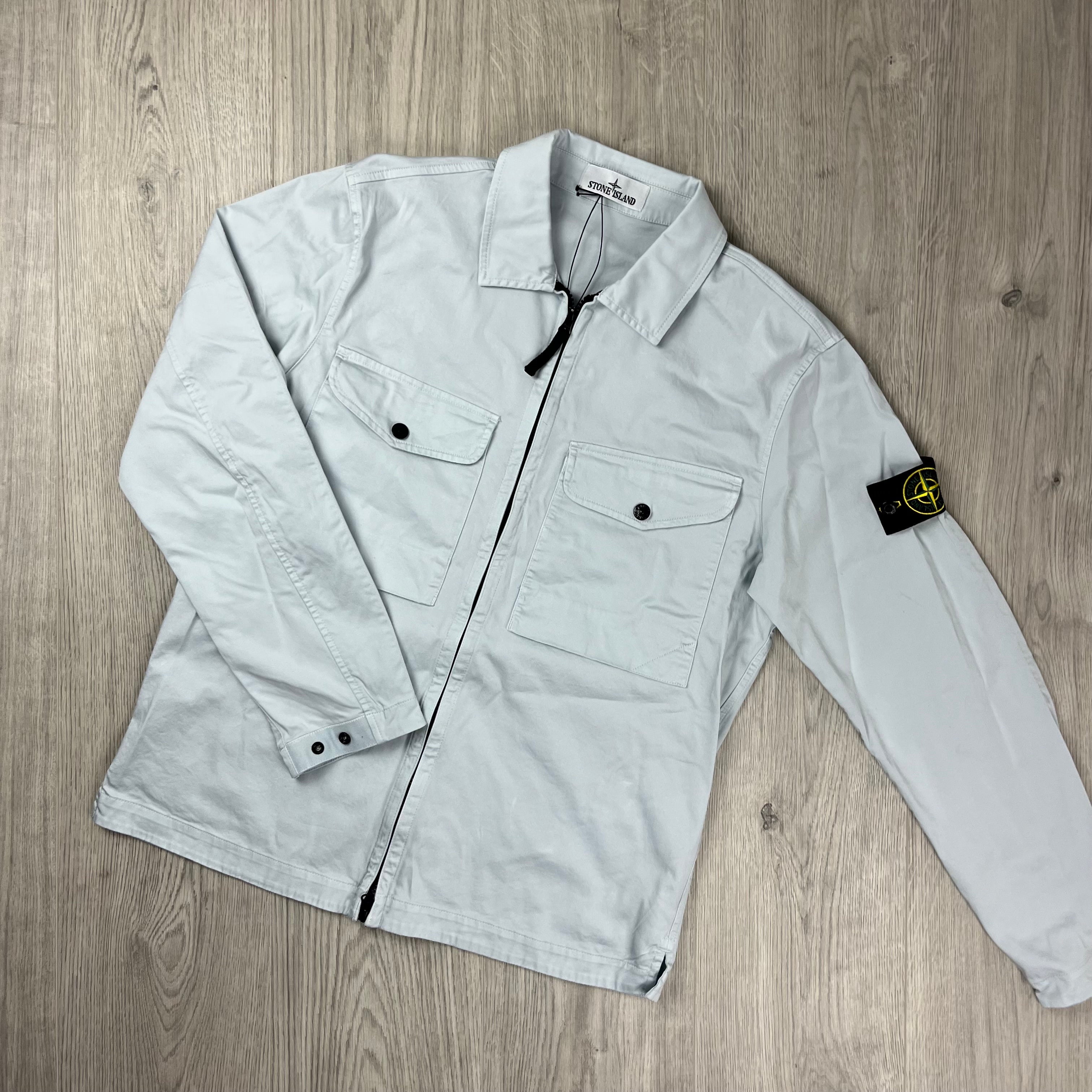 Stone Island Stretch Cotton Satin Overshirt in Sky Blue. On sale at Open Attire.