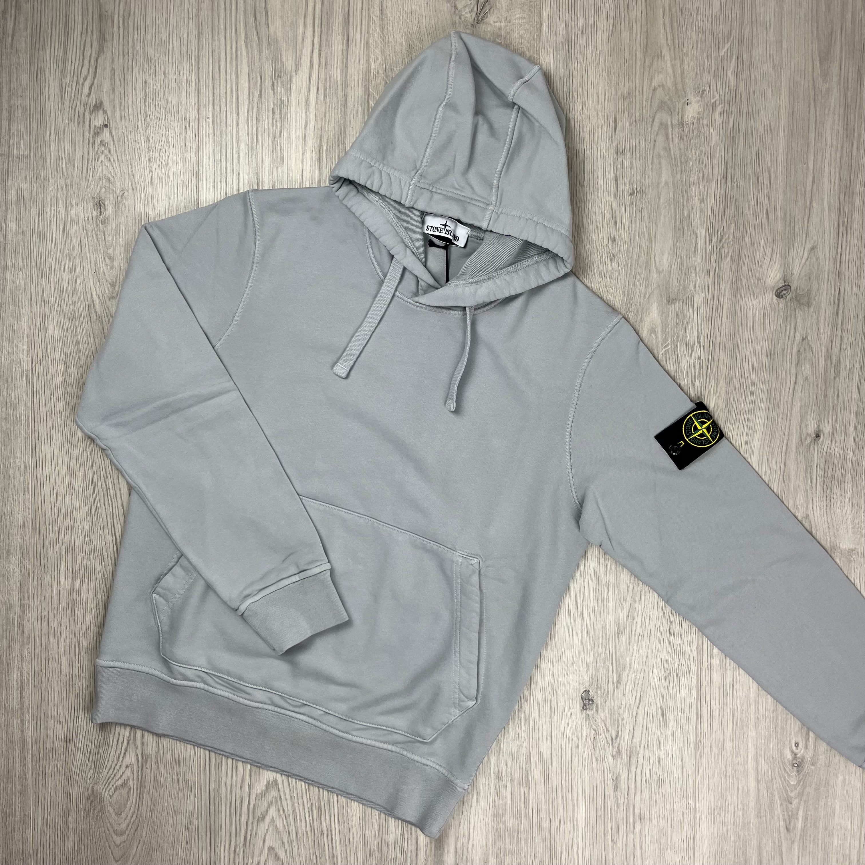 Stone Island Dyed Cotton Hoodie in Pearl Grey. On sale at Open Attire.