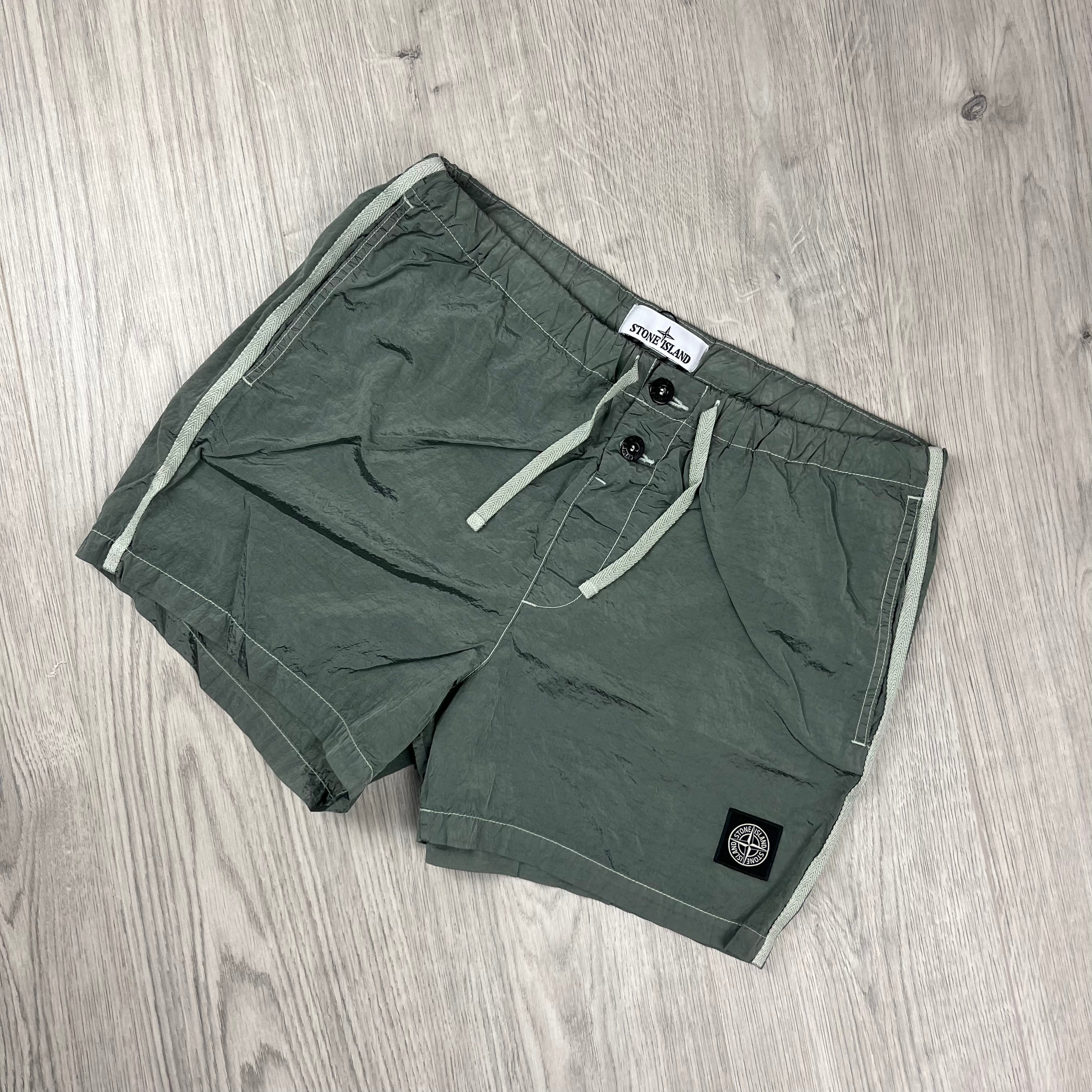 Stone Island Nylon Metal Swim Shorts in Sage Green. On sale at Open Attire.