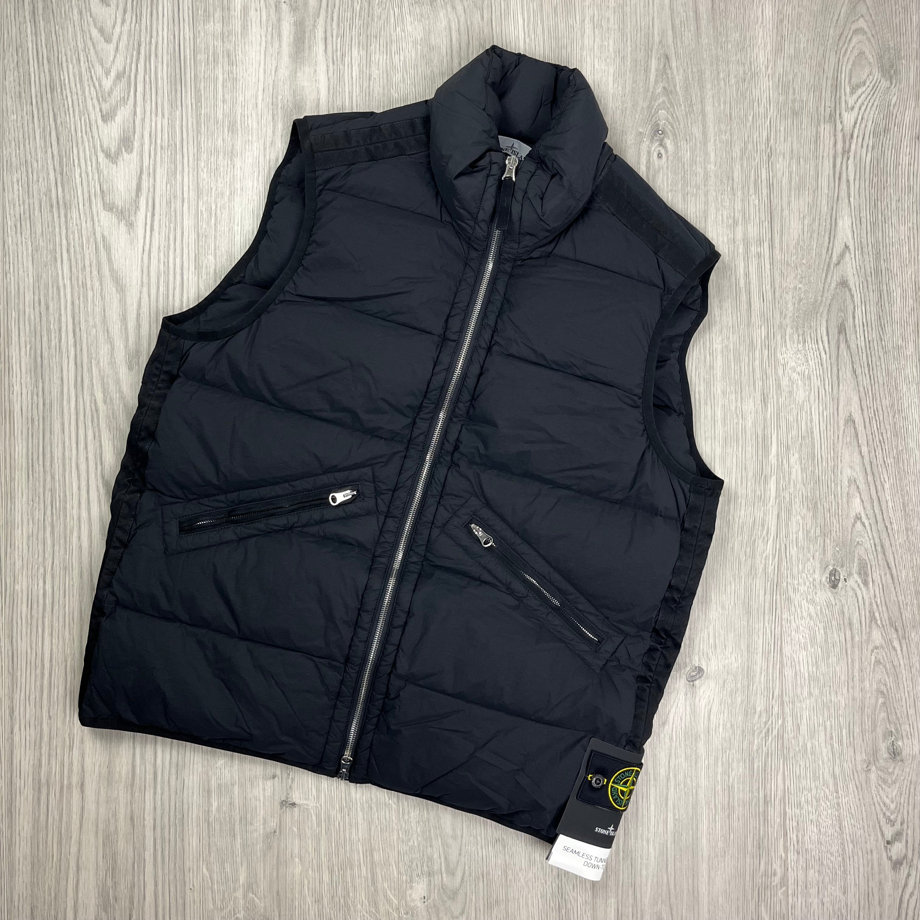 Stone Island down gilet in Black. On sale at Open Attire.