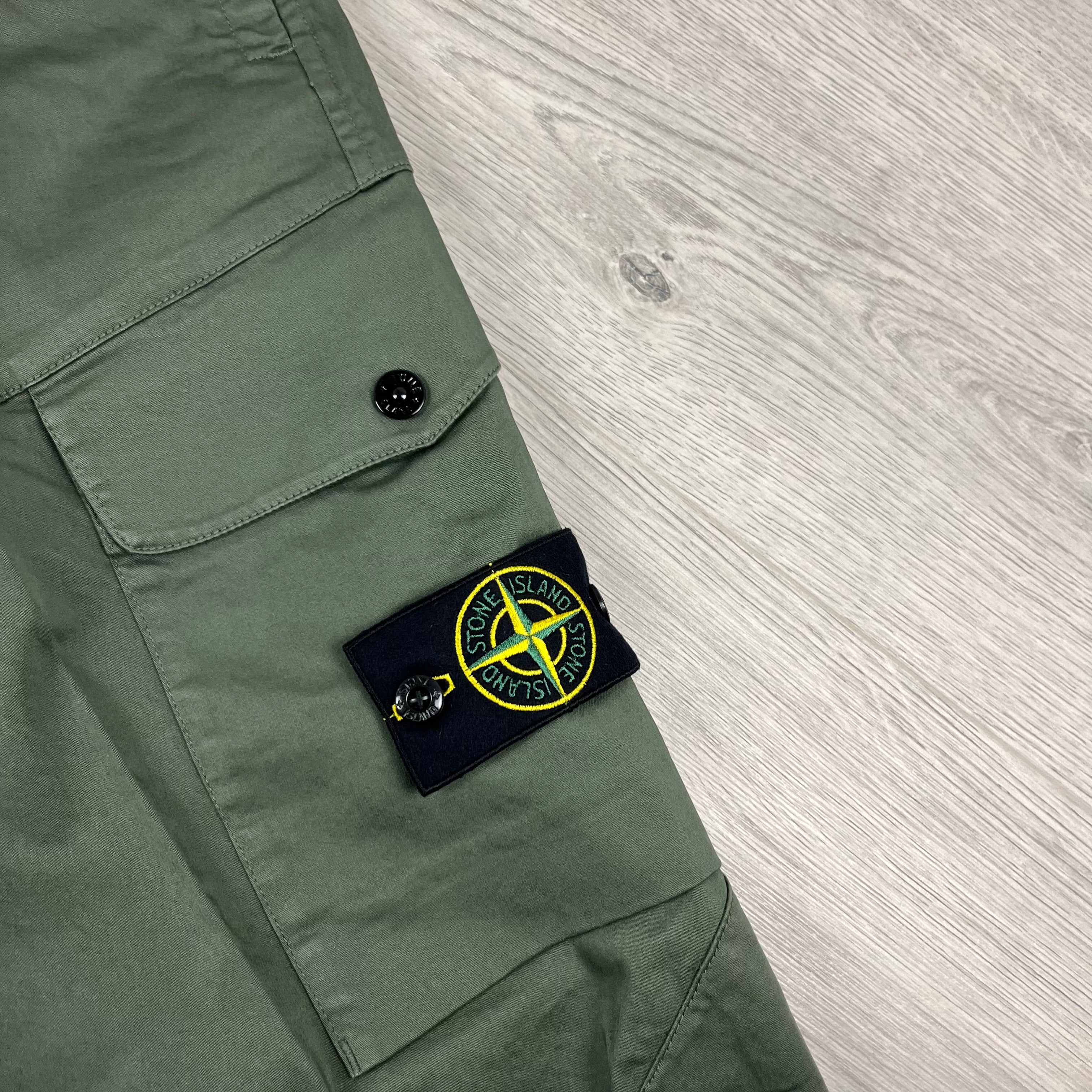 Stone Island Cotton Satin Cargo Trousers in Musk Green. On sale at Open Attire.