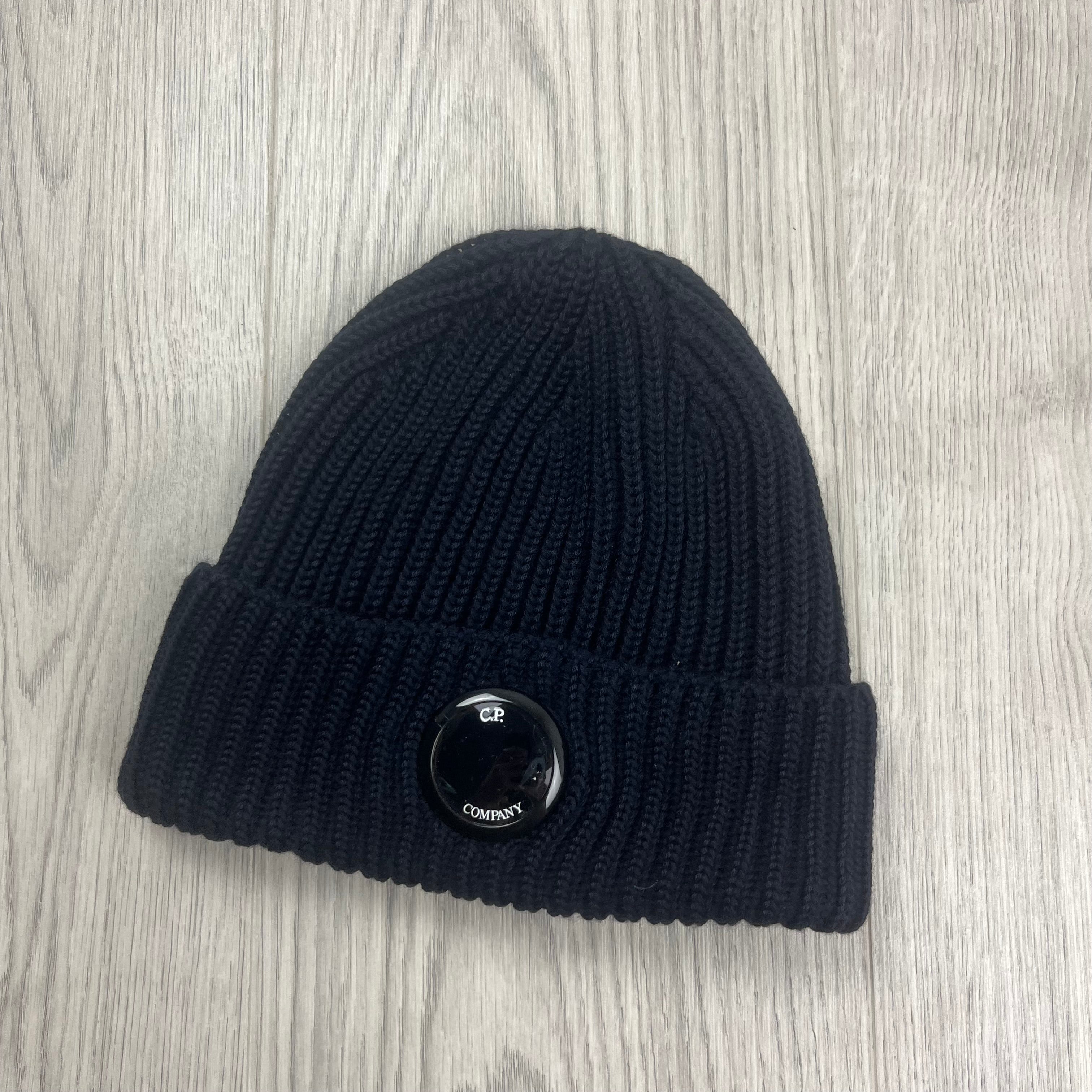 CP Company Merino Wool Lens Beanie in Total Eclipse Navy Blue. On sale at Open Attire.