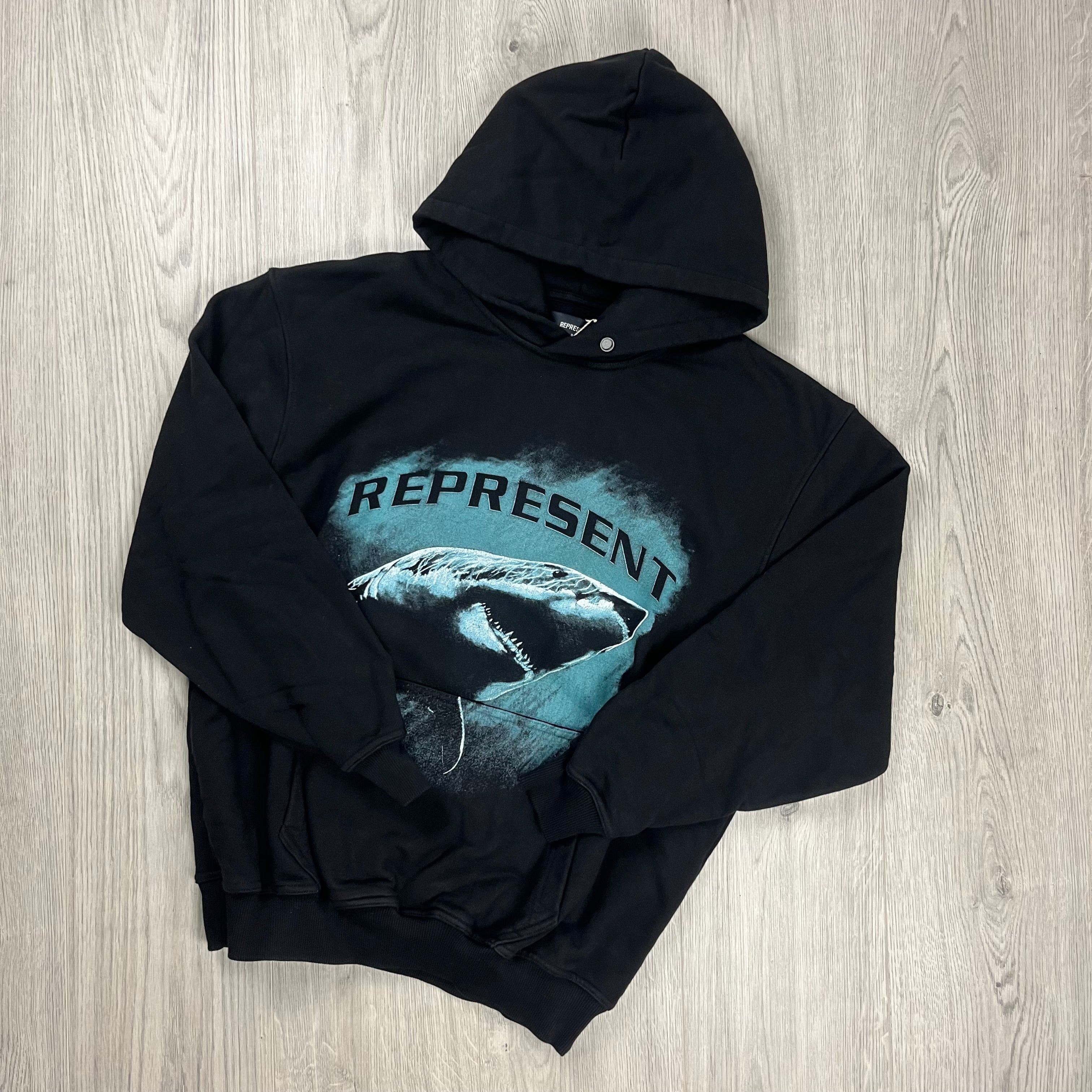 Represent shark print hoodie in black. On sale at Open Attire.