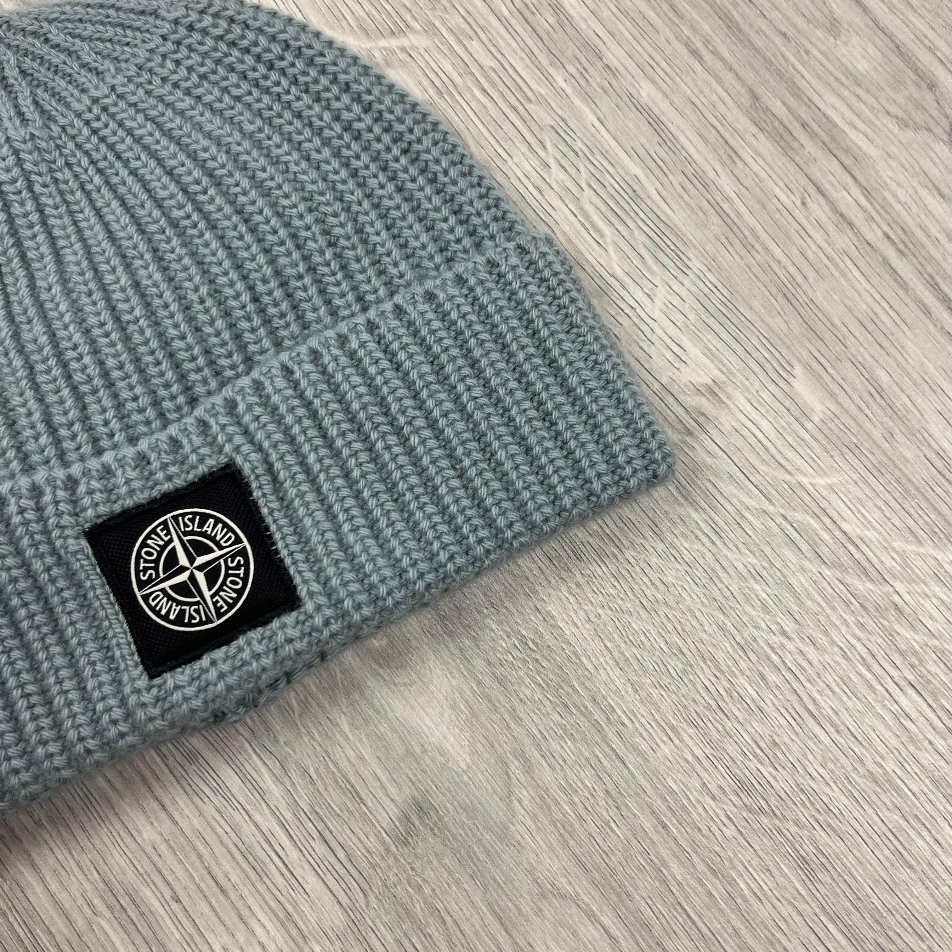 Stone Island wool beanie in Green Grey. On sale at Open Attire.