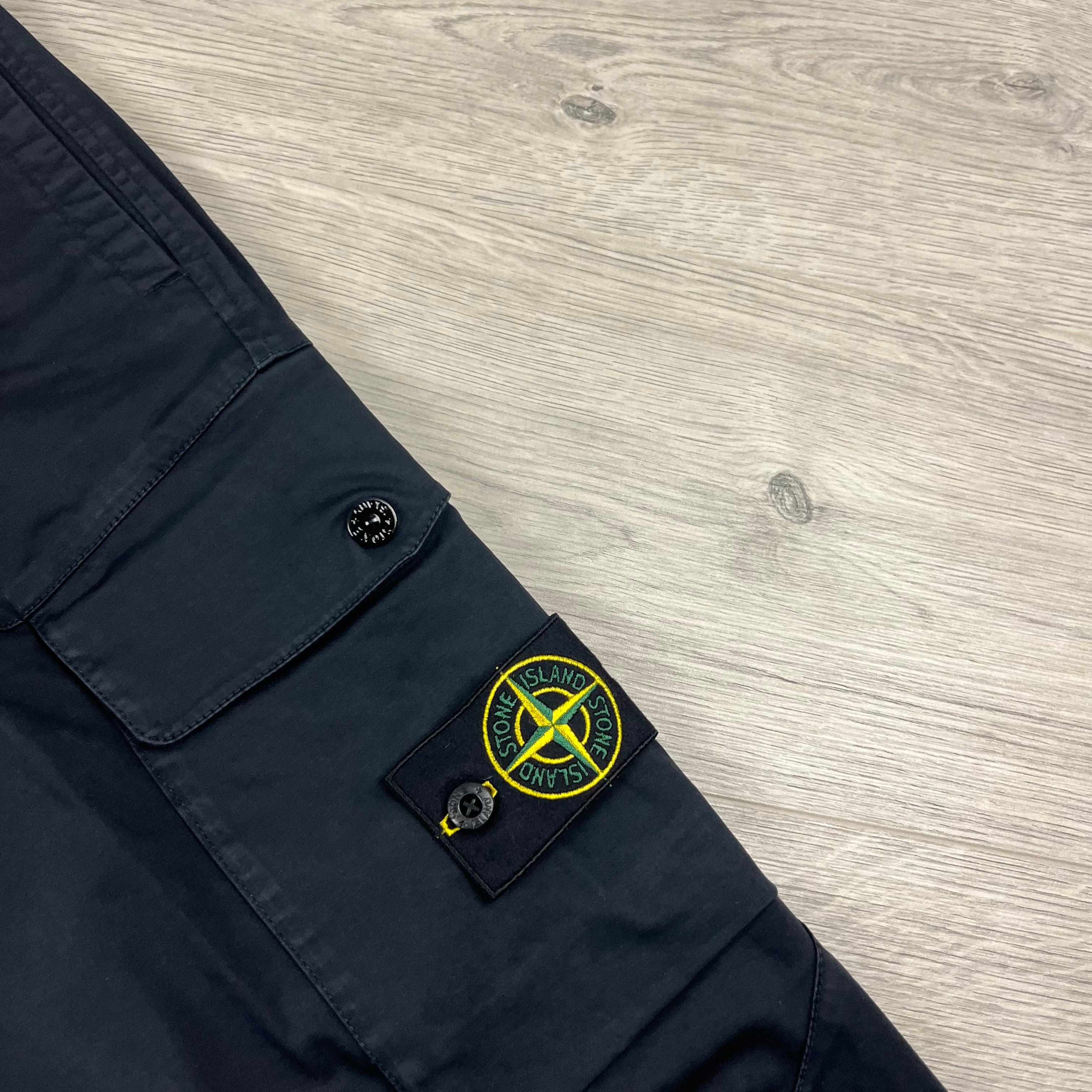 Stone Island Cotton Satin Cargo Trousers in Navy Blue. On sale at Open Attire