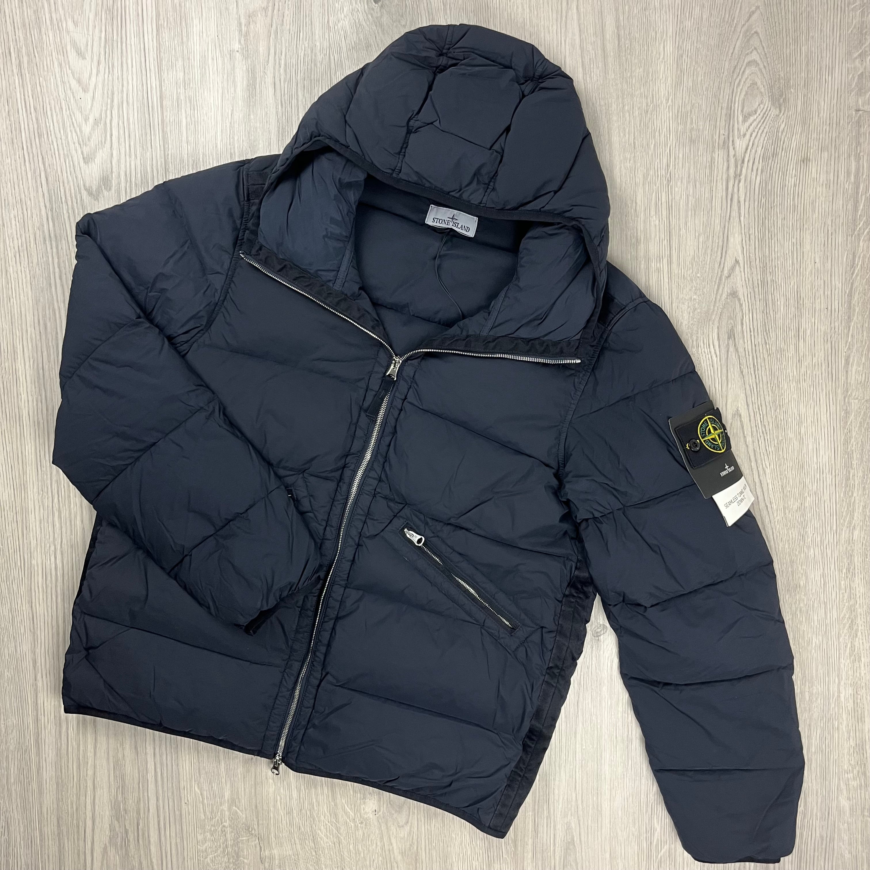 Stone Island Seamless Down-TC Coat in Navy Blue. On sale at Open Attire.