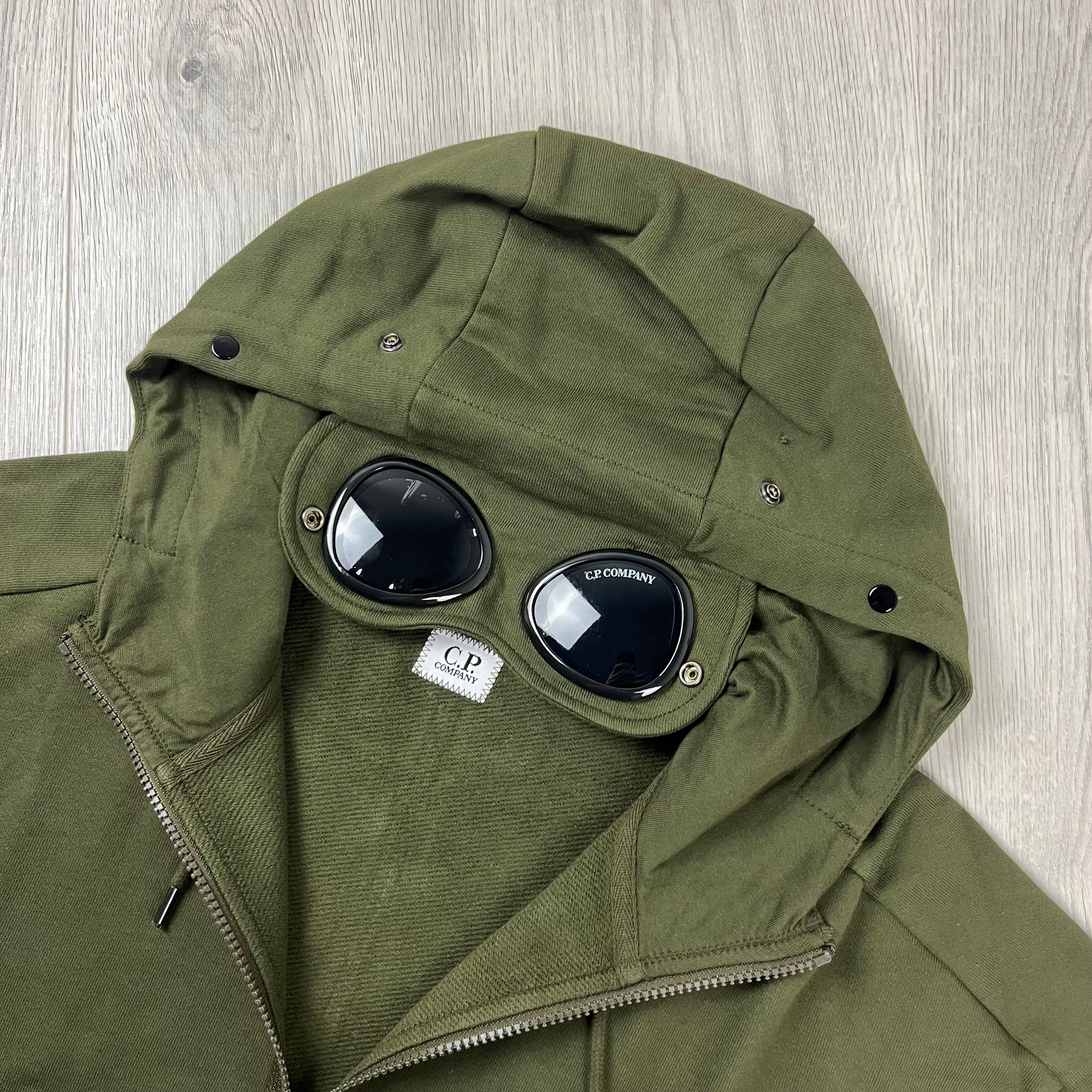 CP Company Raised Fleece Goggle Hoodie in Ivy Green. On sale at Open Attire. 