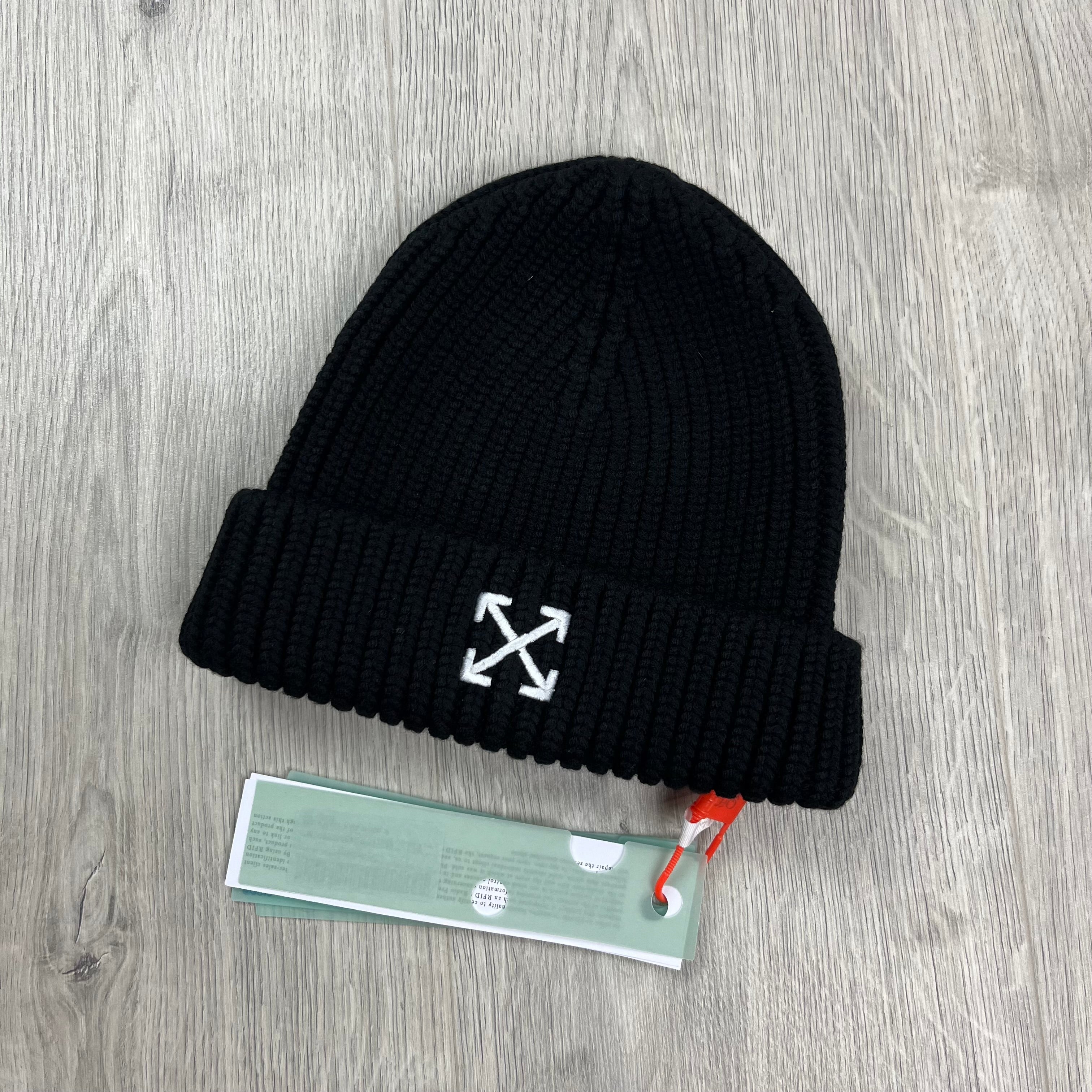 Off-White Arrow Beanie in Black. On sale at Open Attire.