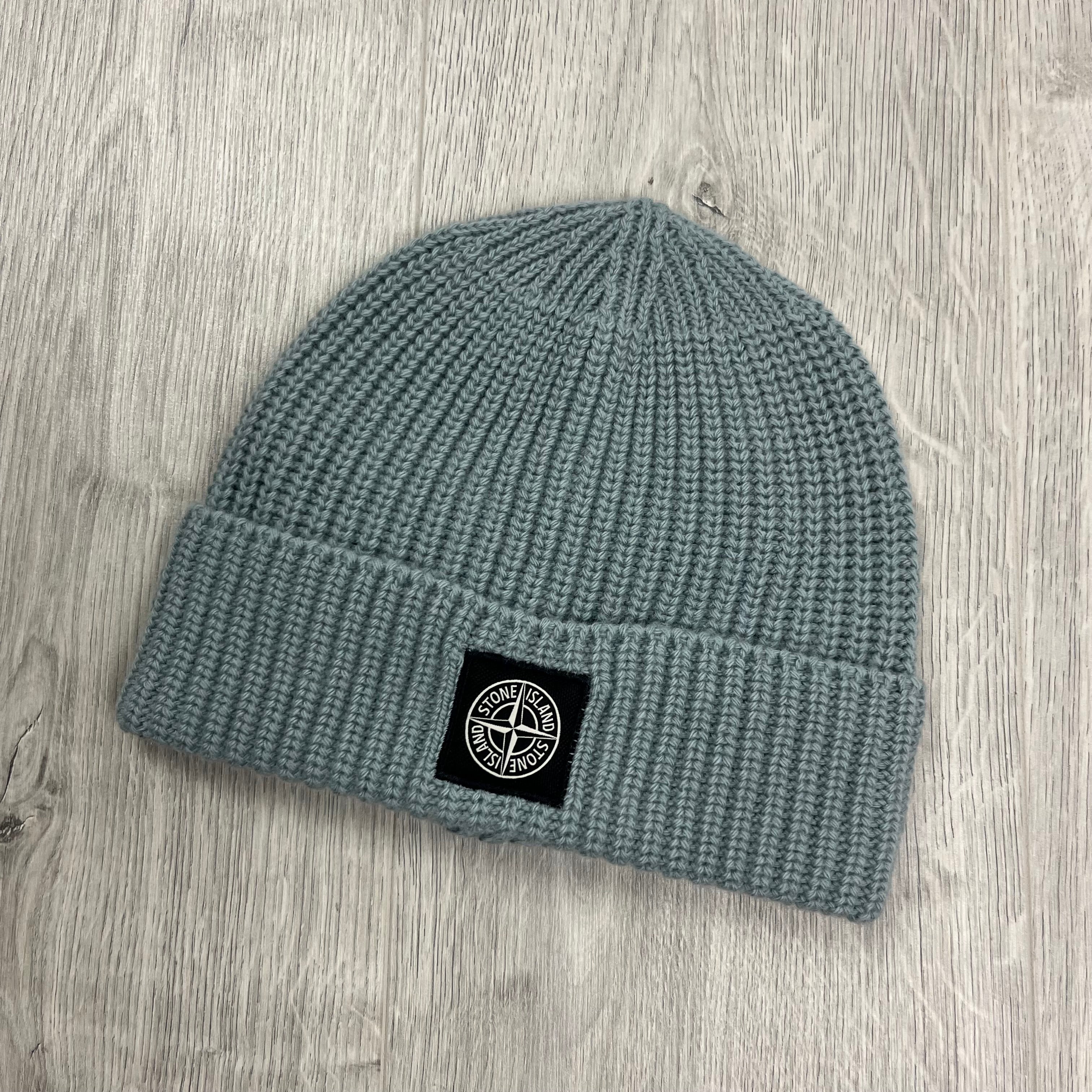 Stone Island wool beanie in Green Grey. On sale at Open Attire.