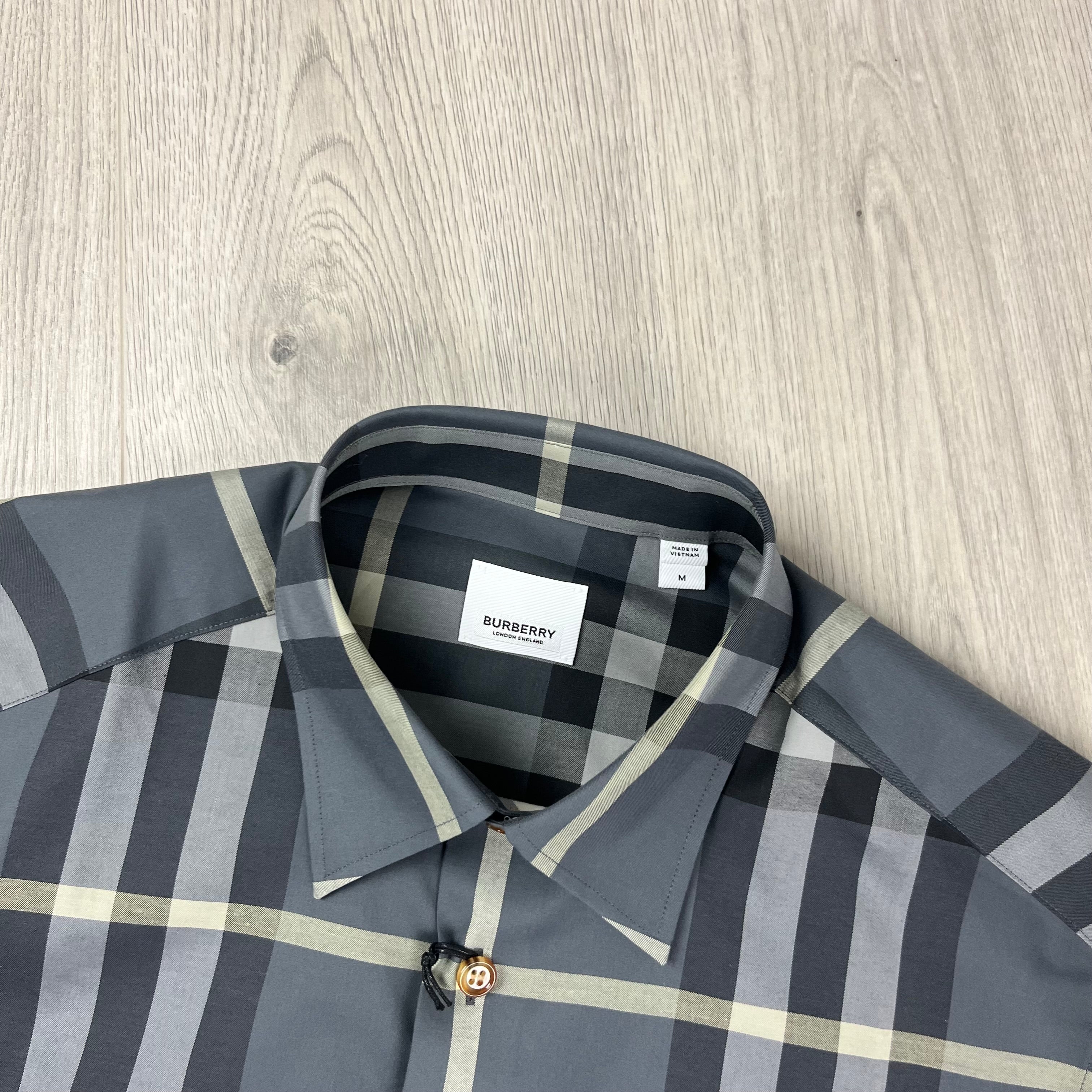 Burberry Claverdon Shirt in Seal Grey. On sale at Open Attire.