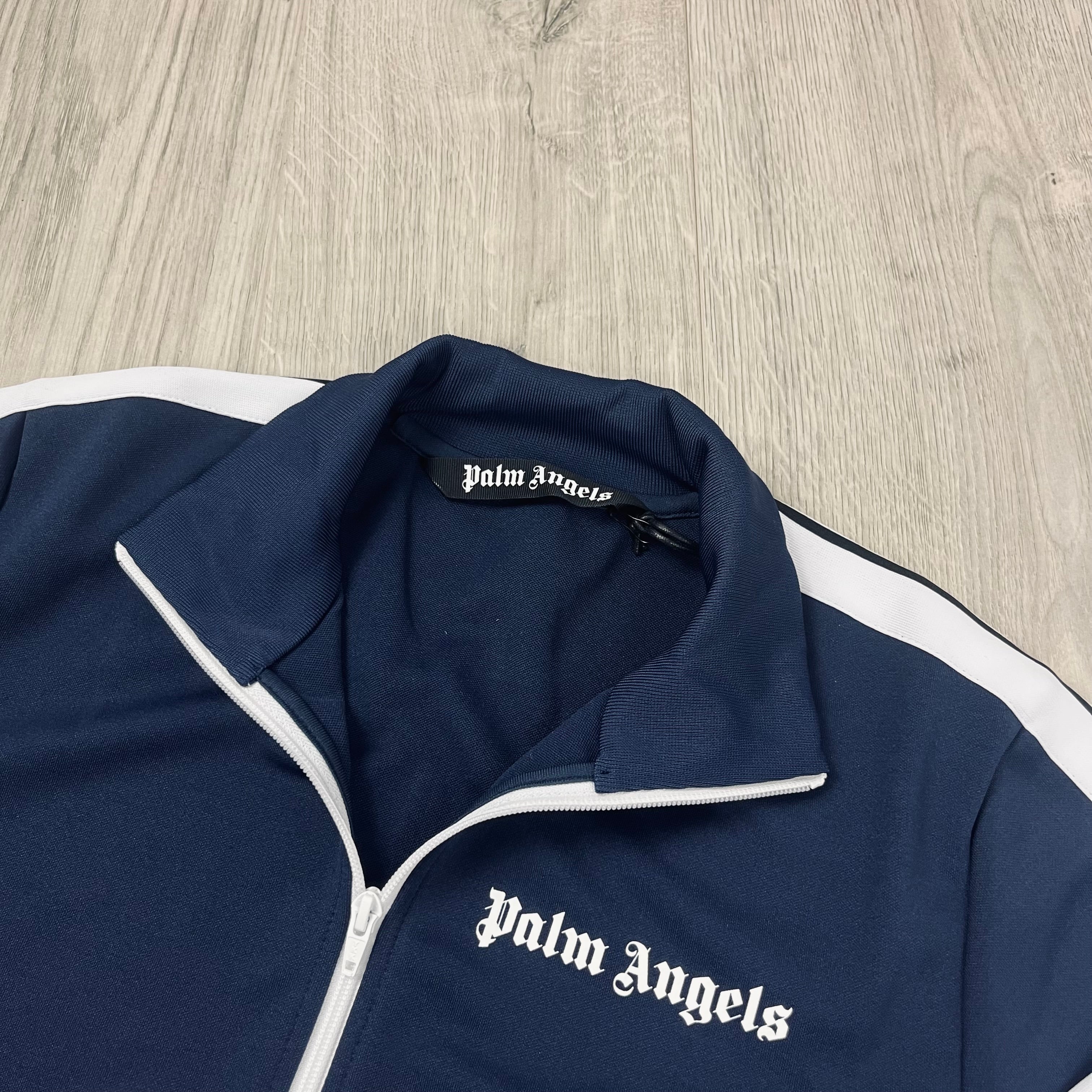 Palm Angels Track Jacket in Navy Blue. On sale at Open Attire.