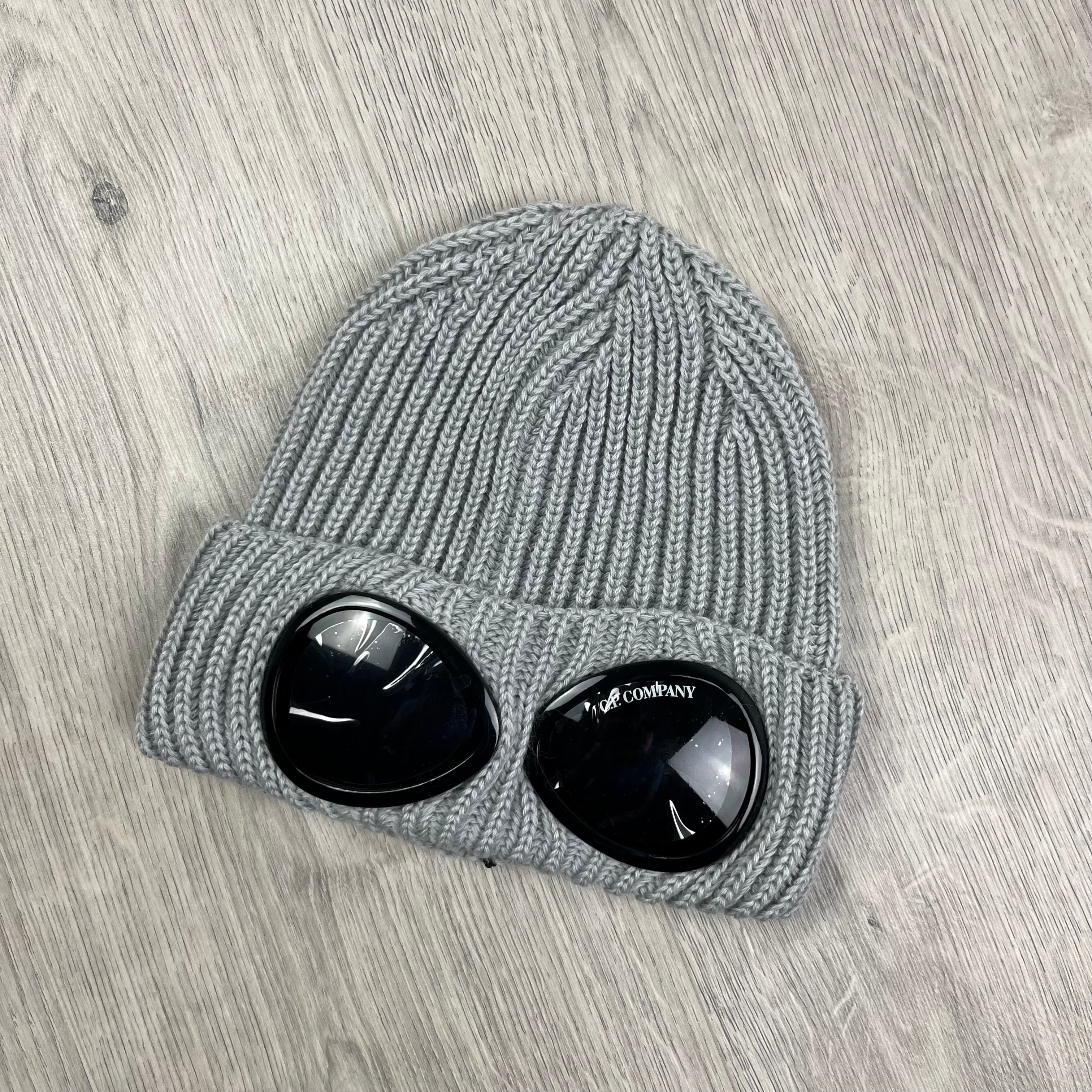 CP Company Extra Fine Merino Wool Goggle Beanie in Grey. On sale at Open Attire.