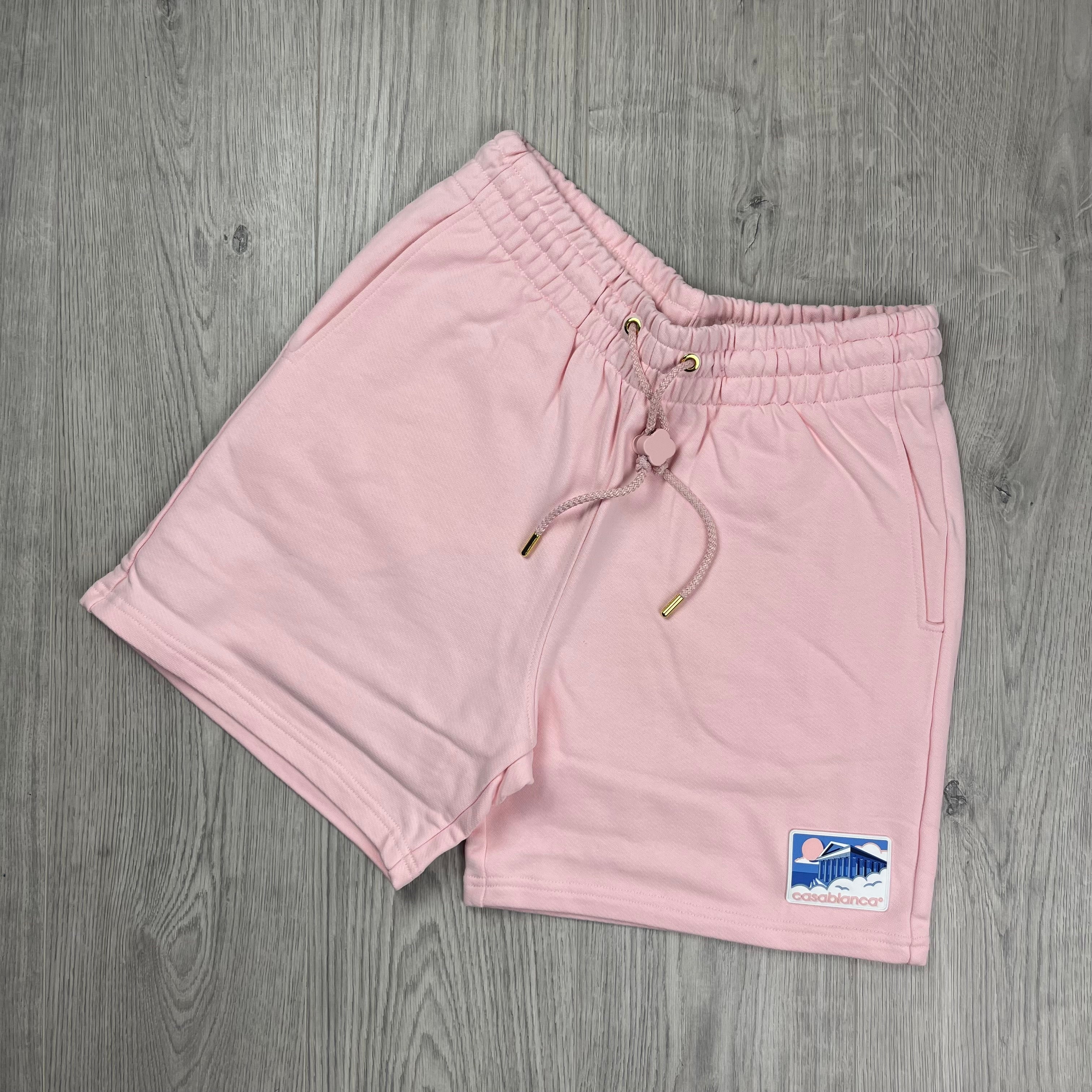 Casablanca Paris Greek Temple Jersey Shorts in Pink. On sale at Open Attire.