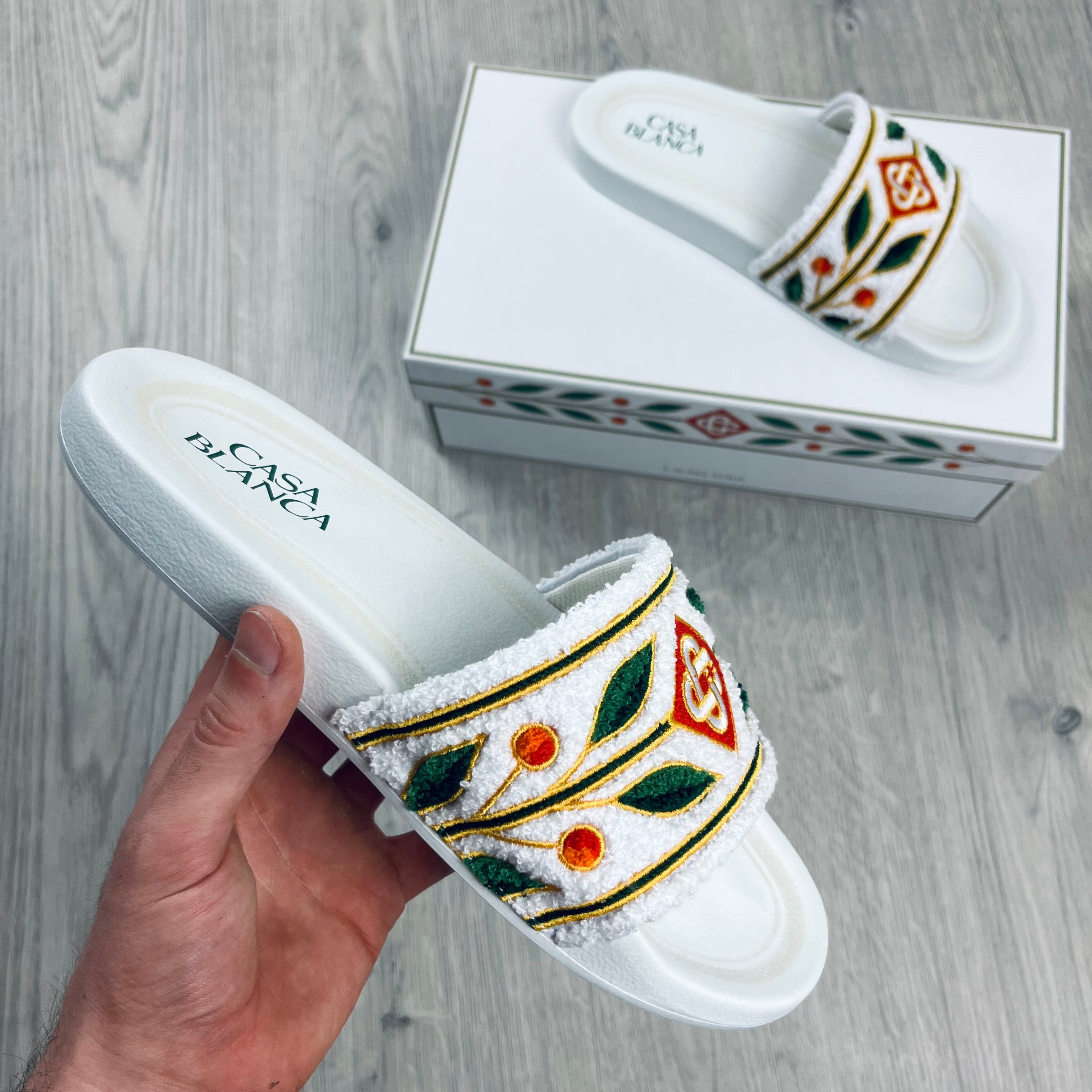 Casablanca Paris Terry Cotton Laurel Slides in White. On sale at Open Attire.