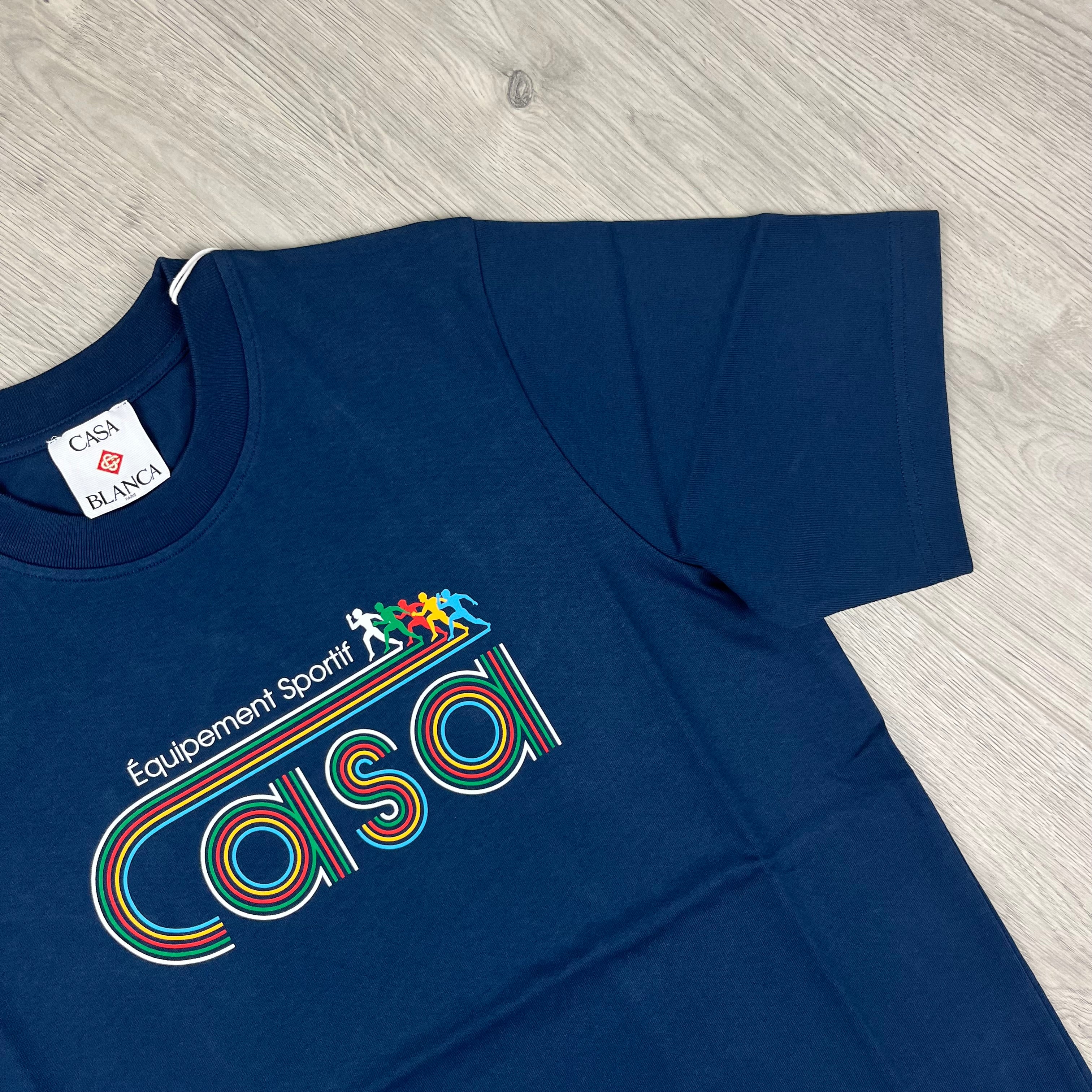 Casablanca Paris Equipment Sportif T-Shirt in Navy Blue. On sale at Open Attire.