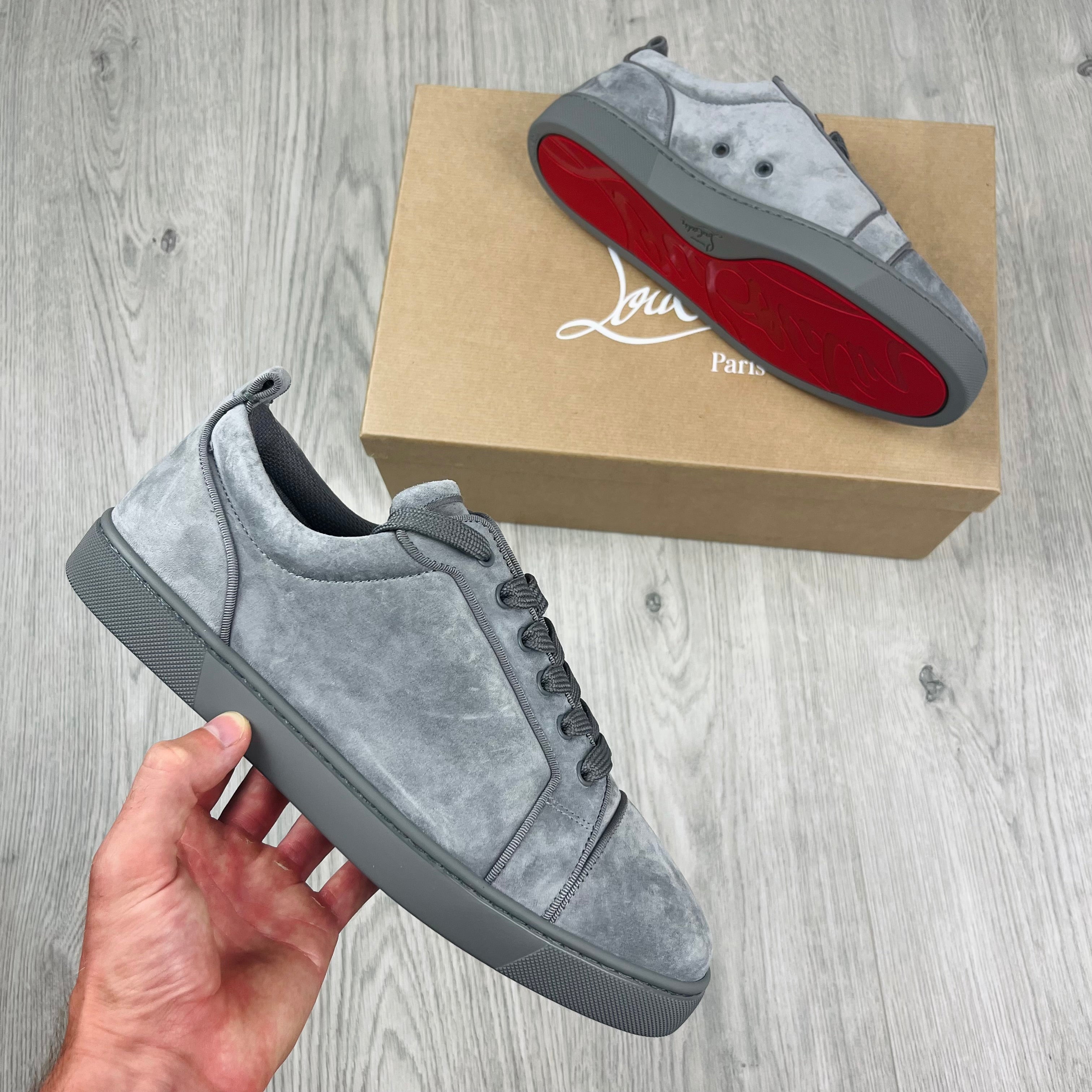 Men's Christian Louboutin Louis Junior Orlato Flat Sneakers in Smoke Grey. On sale at Open Attire.