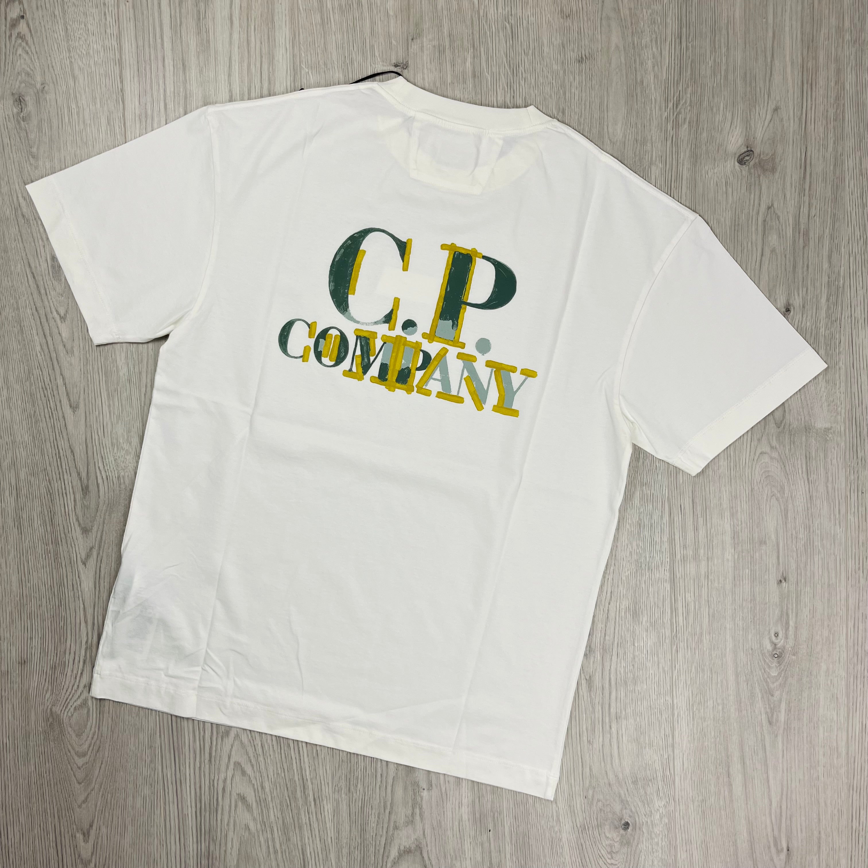 CP Company Blurred Logo T-Shirt in Gauze White. On sale at Open Attire.