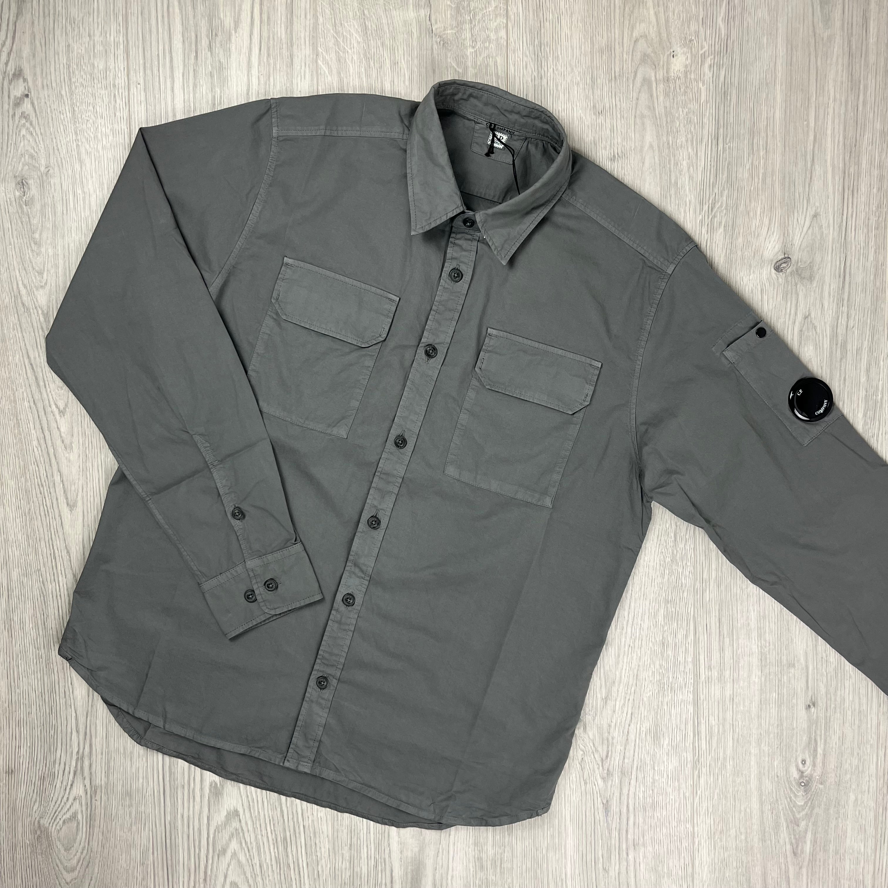 CP Company Button Gabardine Overshirt in Smoked Pearl. On sale at Open Attire.