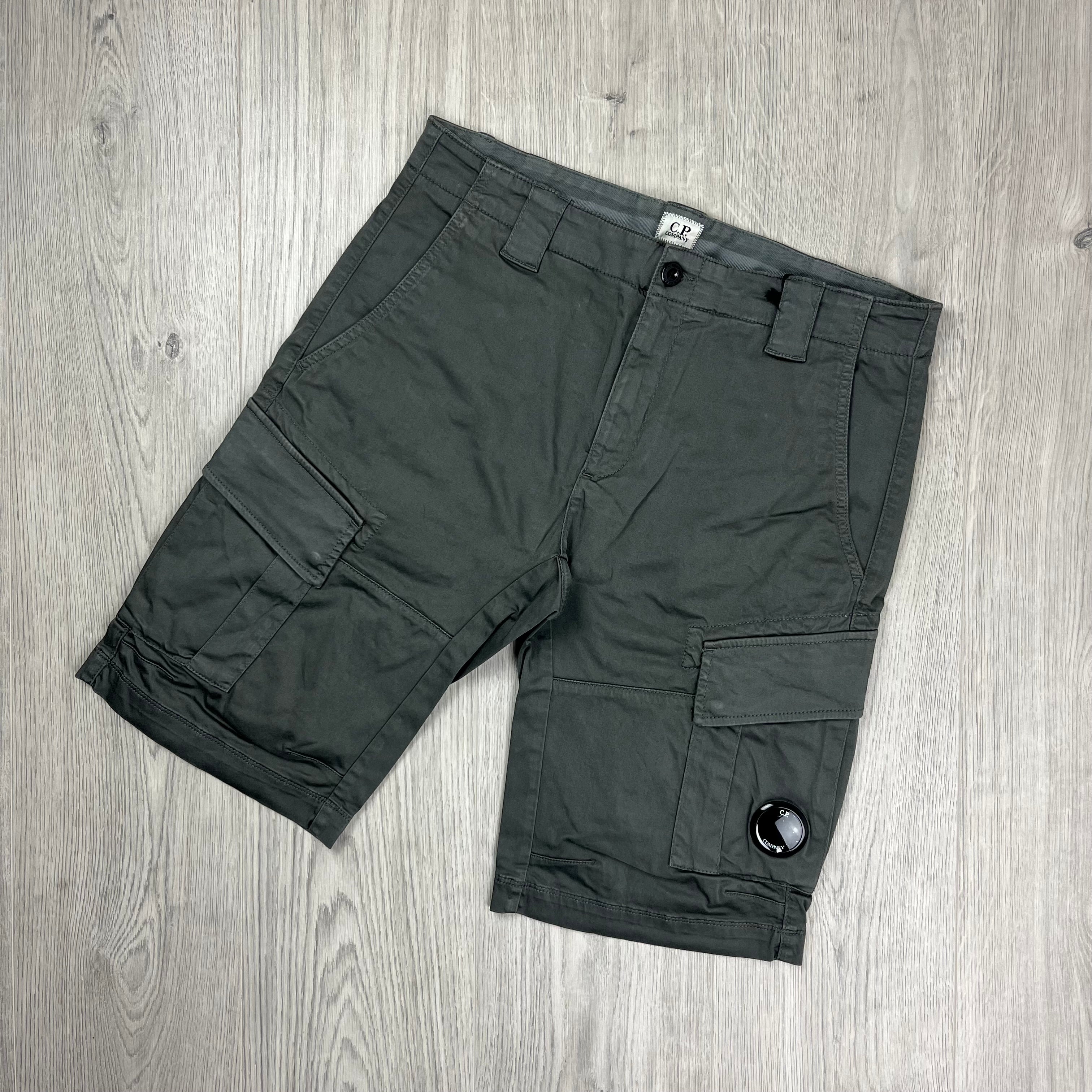 CP Company Gabardine Cargo Shorts in Smoked Pearl. On sale at Open Attire.