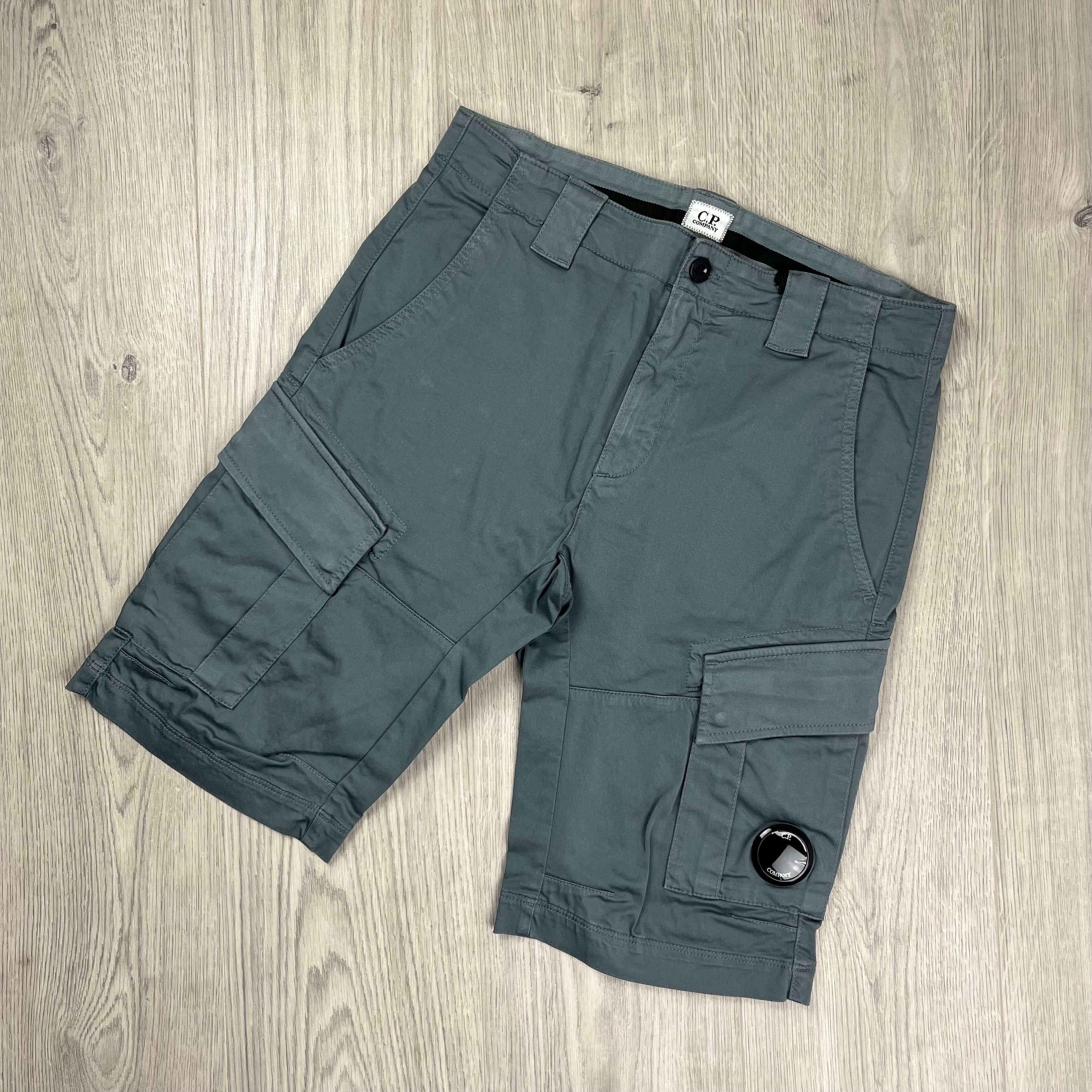 CP Company Gabardine Cargo Shorts in Stormy Weather. On sale at Open Attire.