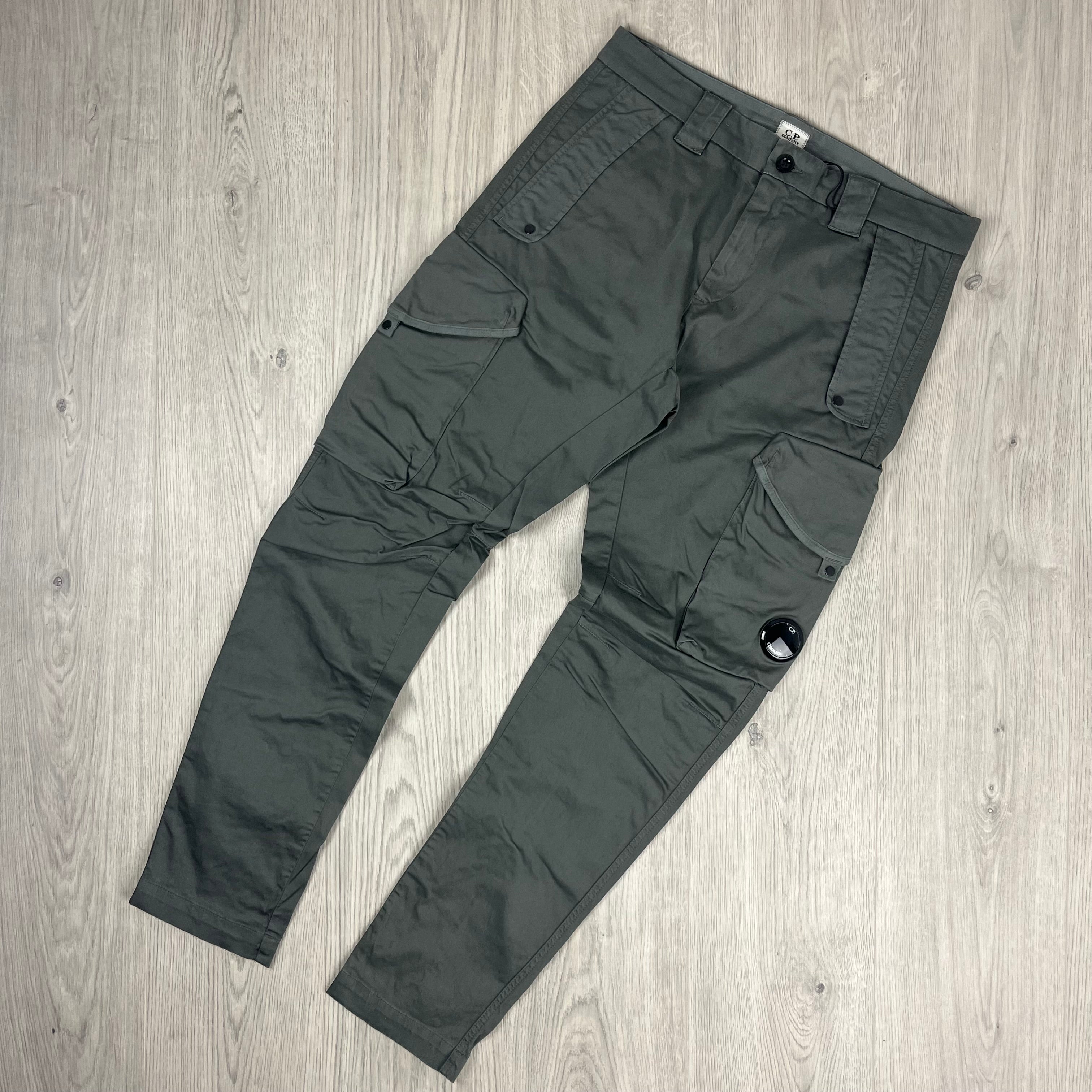 CP Company Stretch Sateen Utility Cargo Trousers in Smoked Pearl. On sale at Open Attire.
