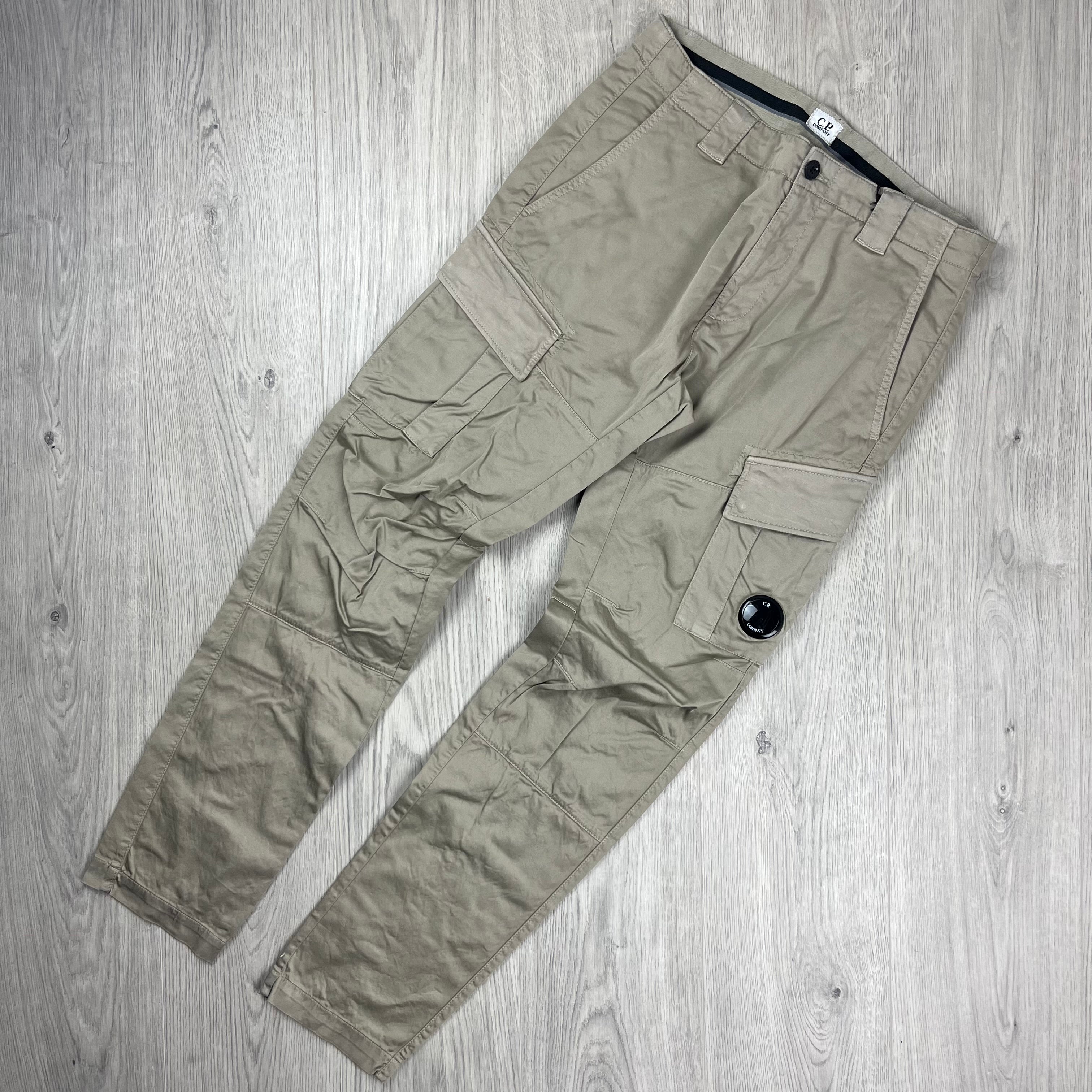 CP Company Stretch Sateen Cargo Trousers in Vintage Khaki. On sale at Open Attire.