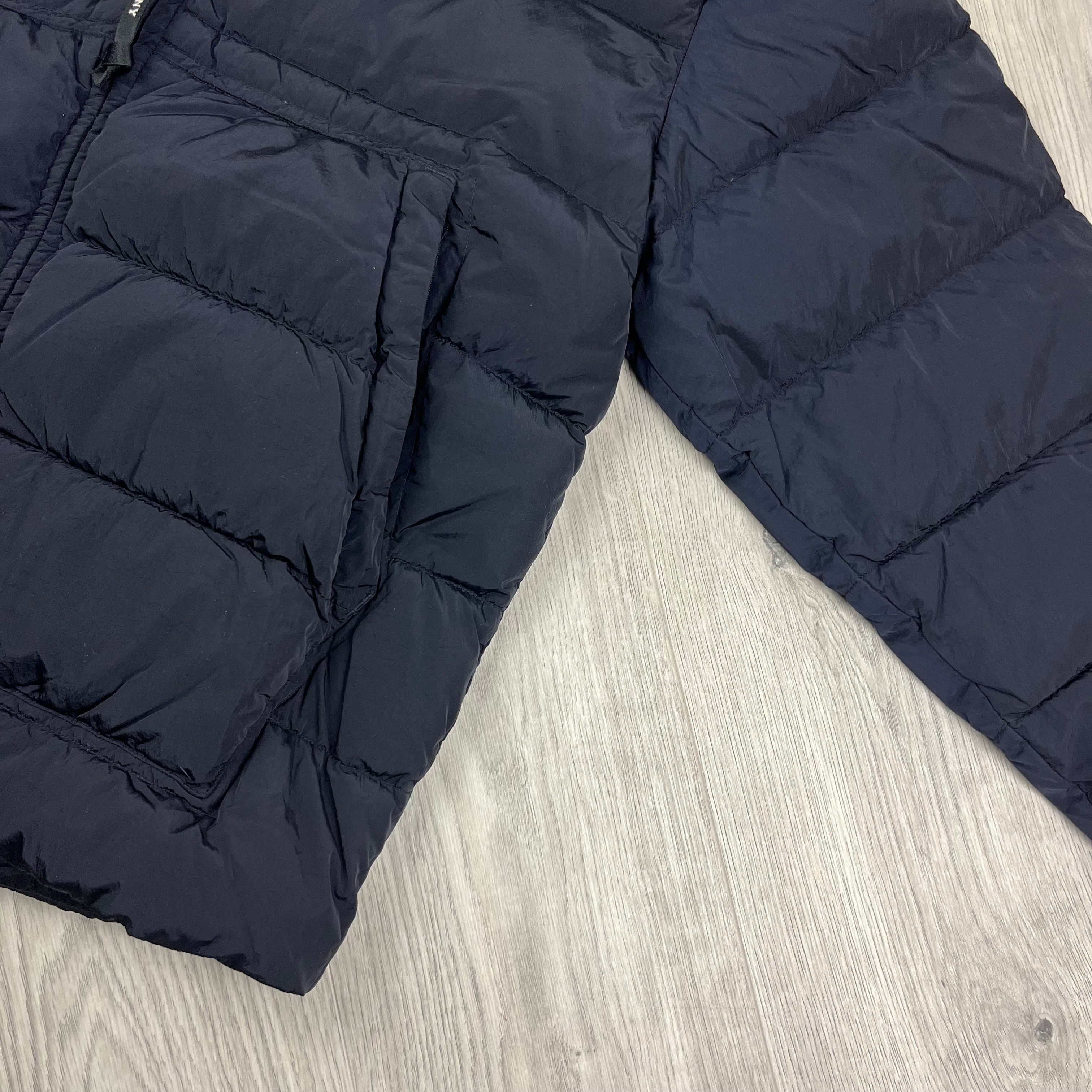 CP Company Chrome-R Goggle Down Jacket in Total Eclipse Navy Blue. On sale at Open Attire.