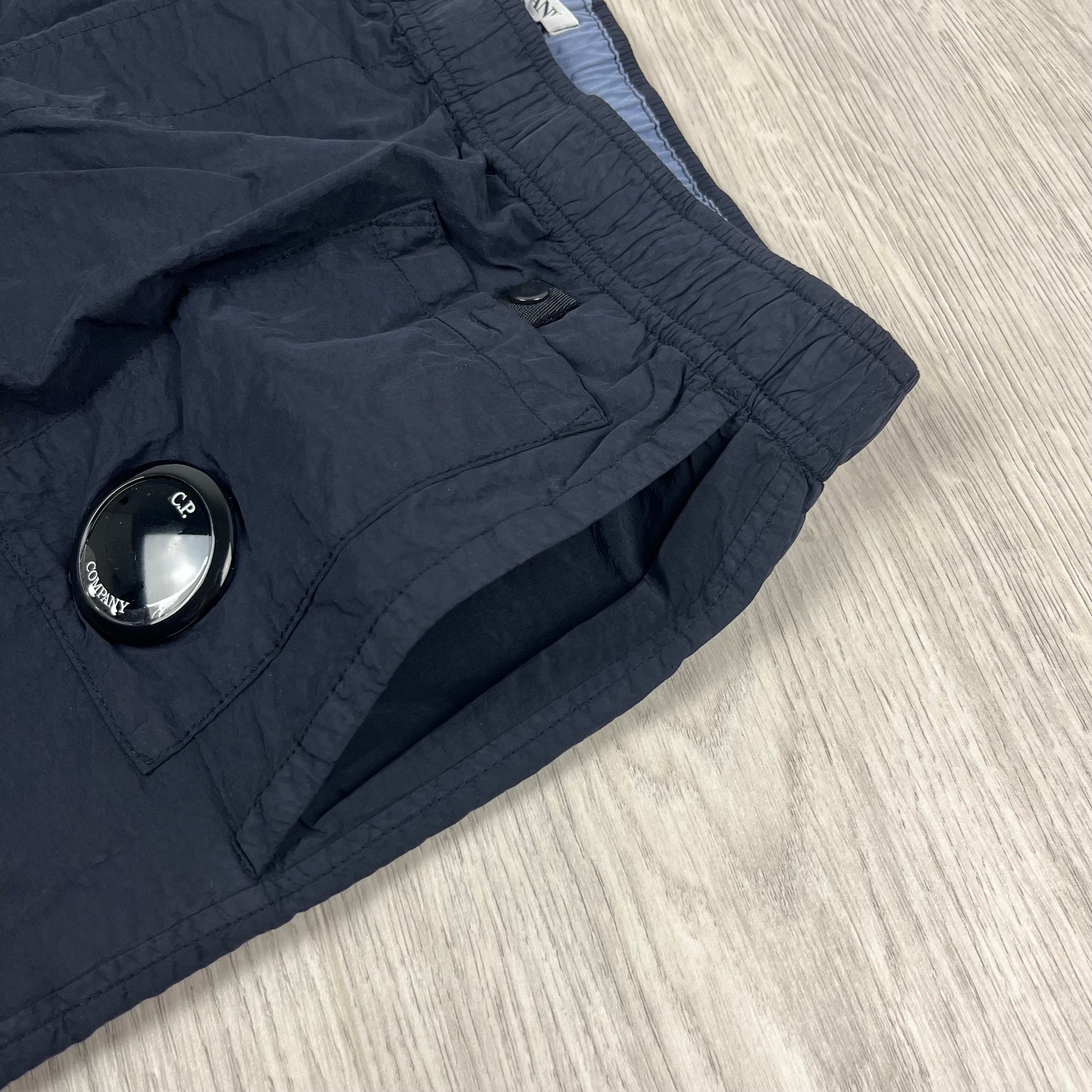 Men's CP Company Flatt Nylon Swim Shorts in Total Eclipse. On sale at Open Attire.