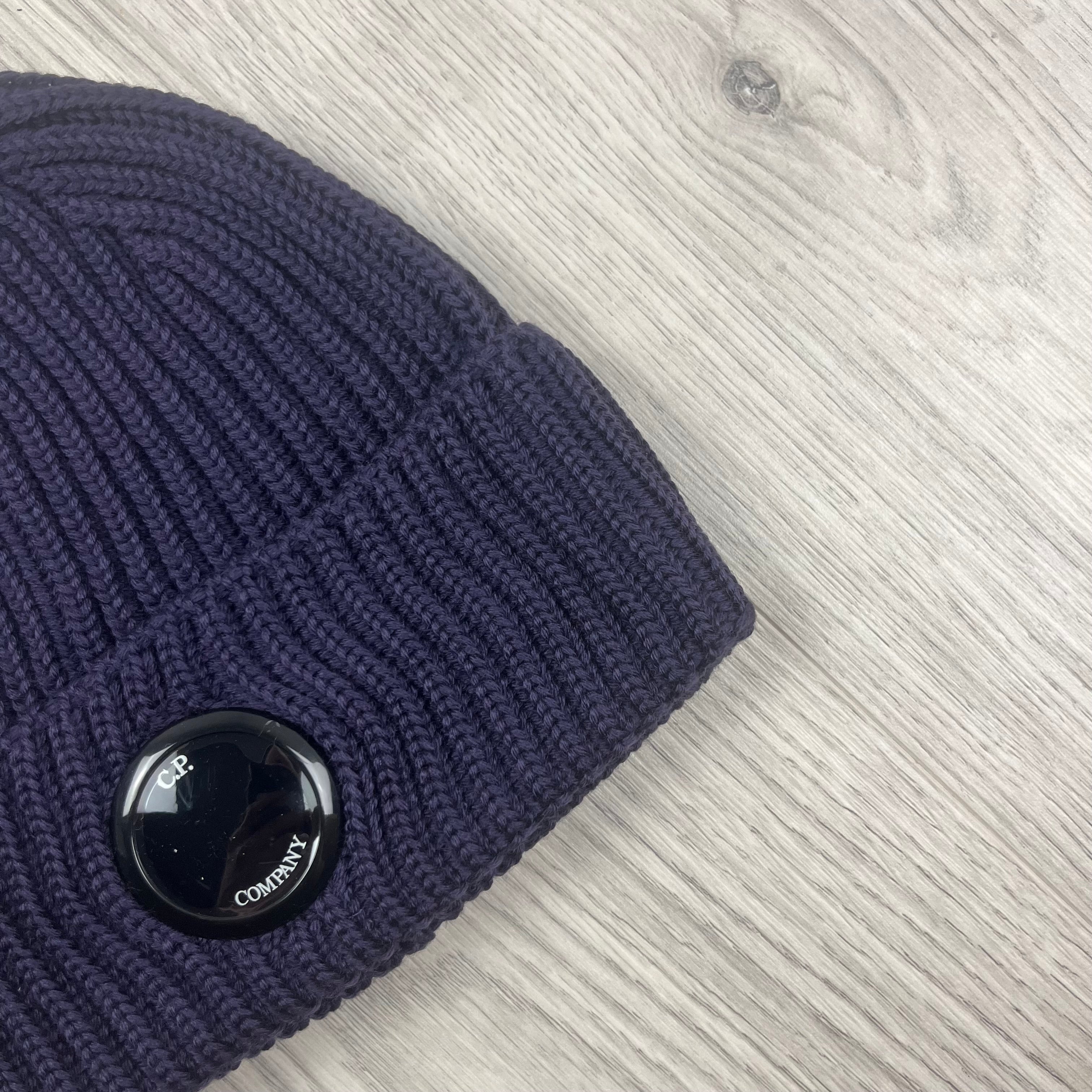 CP Company Merino Wool Lens Beanie in Nightshade. On sale at Open Attire.