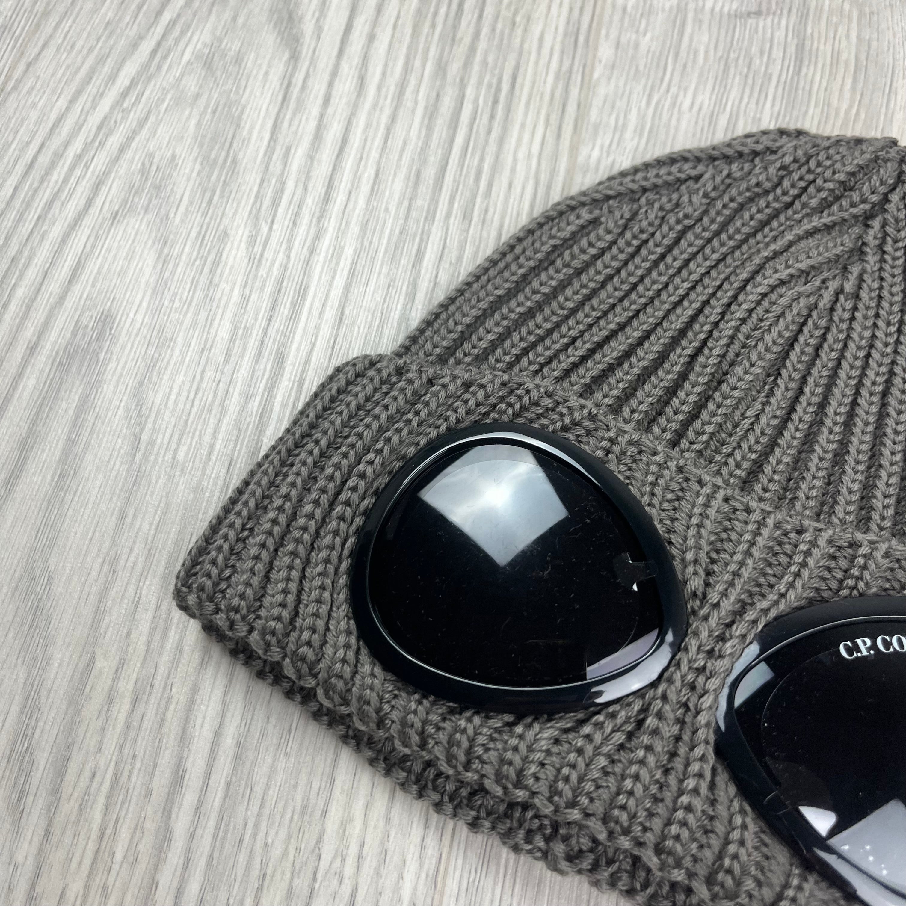 CP Company Merino Wool Lens Beanie in Walnut Beige. On sale at Open Attire.