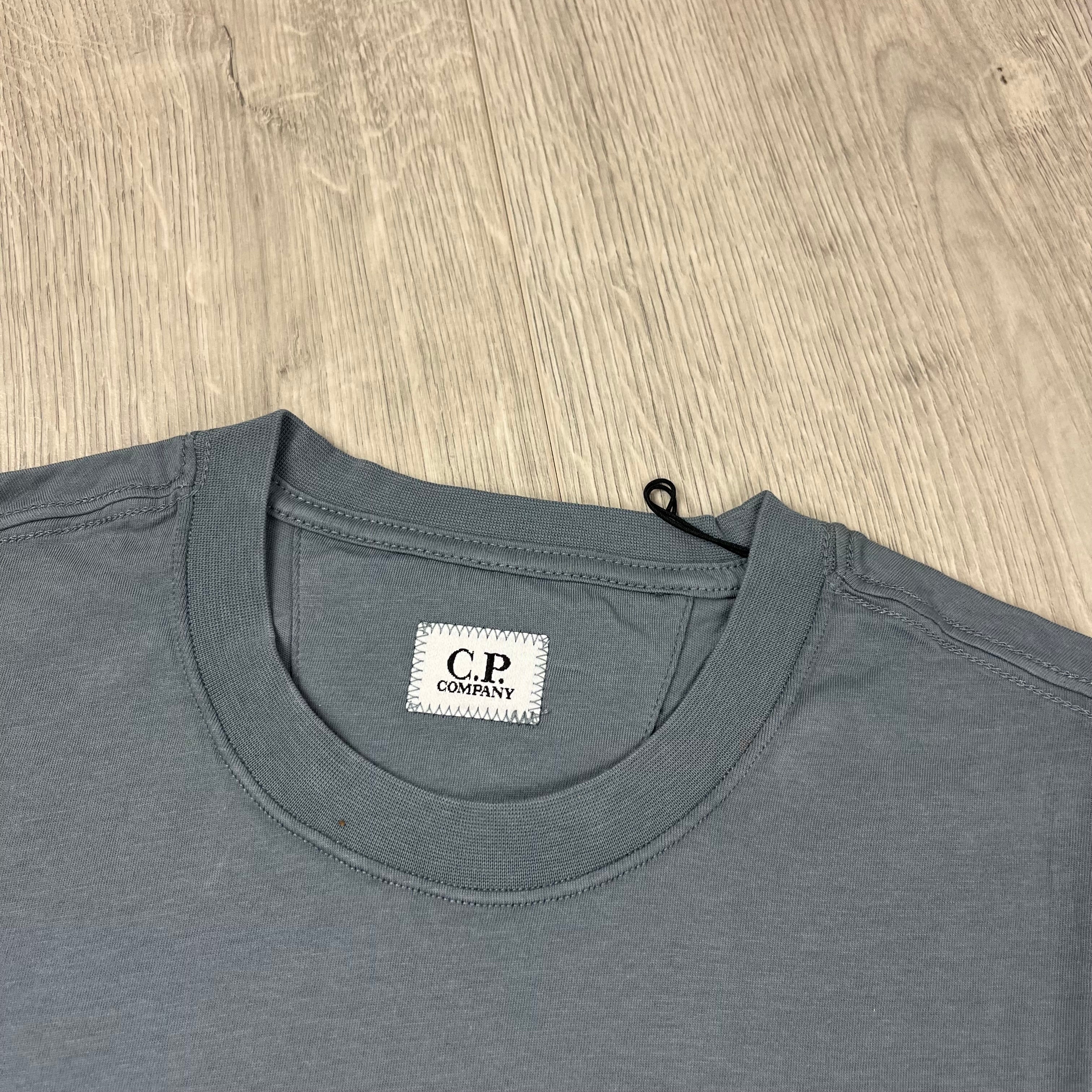 CP Company 30/1 Stamp Logo T-Shirt in Stormy Weather. On sale at Open Attire.