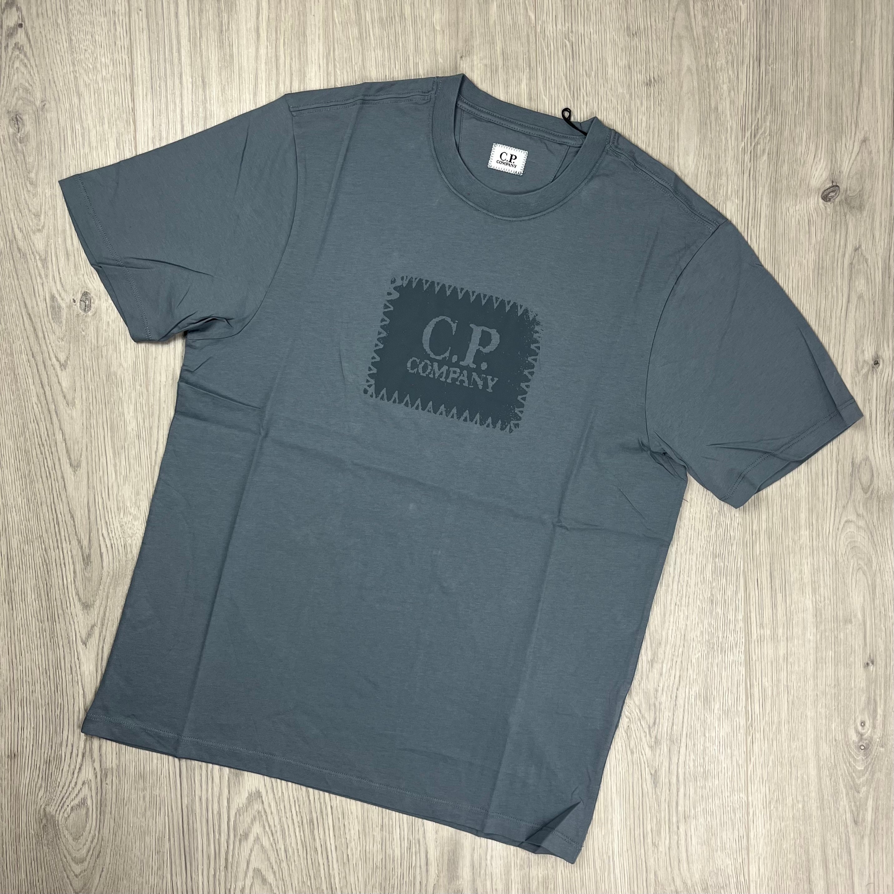 CP Company 30/1 Stamp Logo T-Shirt in Stormy Weather. On sale at Open Attire.