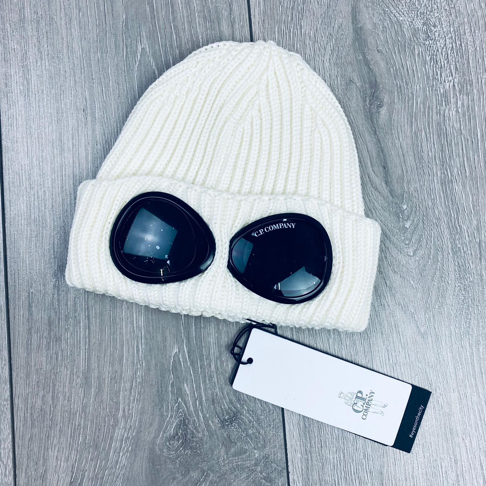 CP Company Extra Fine Merino Wool Goggle Beanie in Gauze White. On sale at Open Attire. 