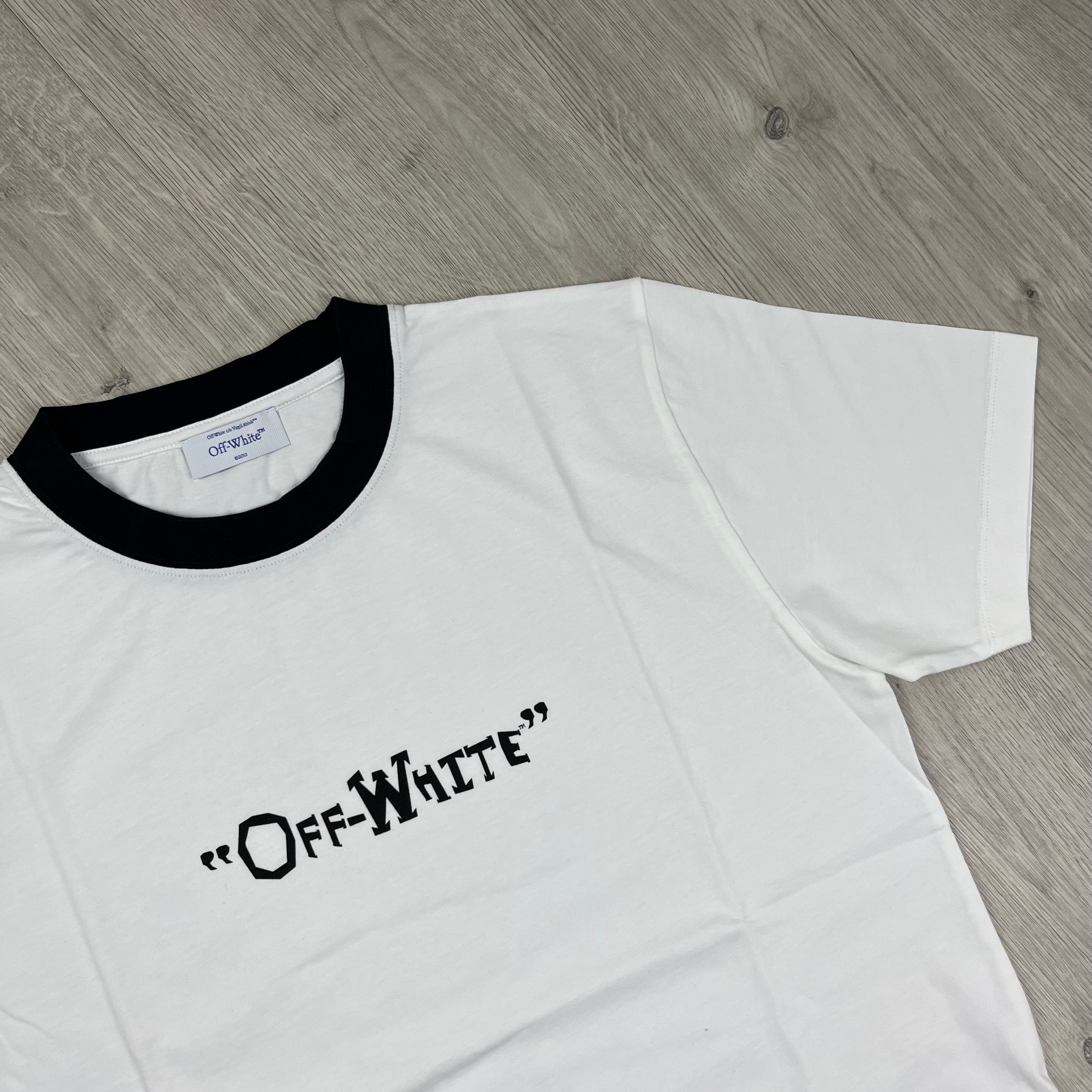 Off-White c/o Virgil Abloh Quote T-Shirt in White. On sale at Open Attire.