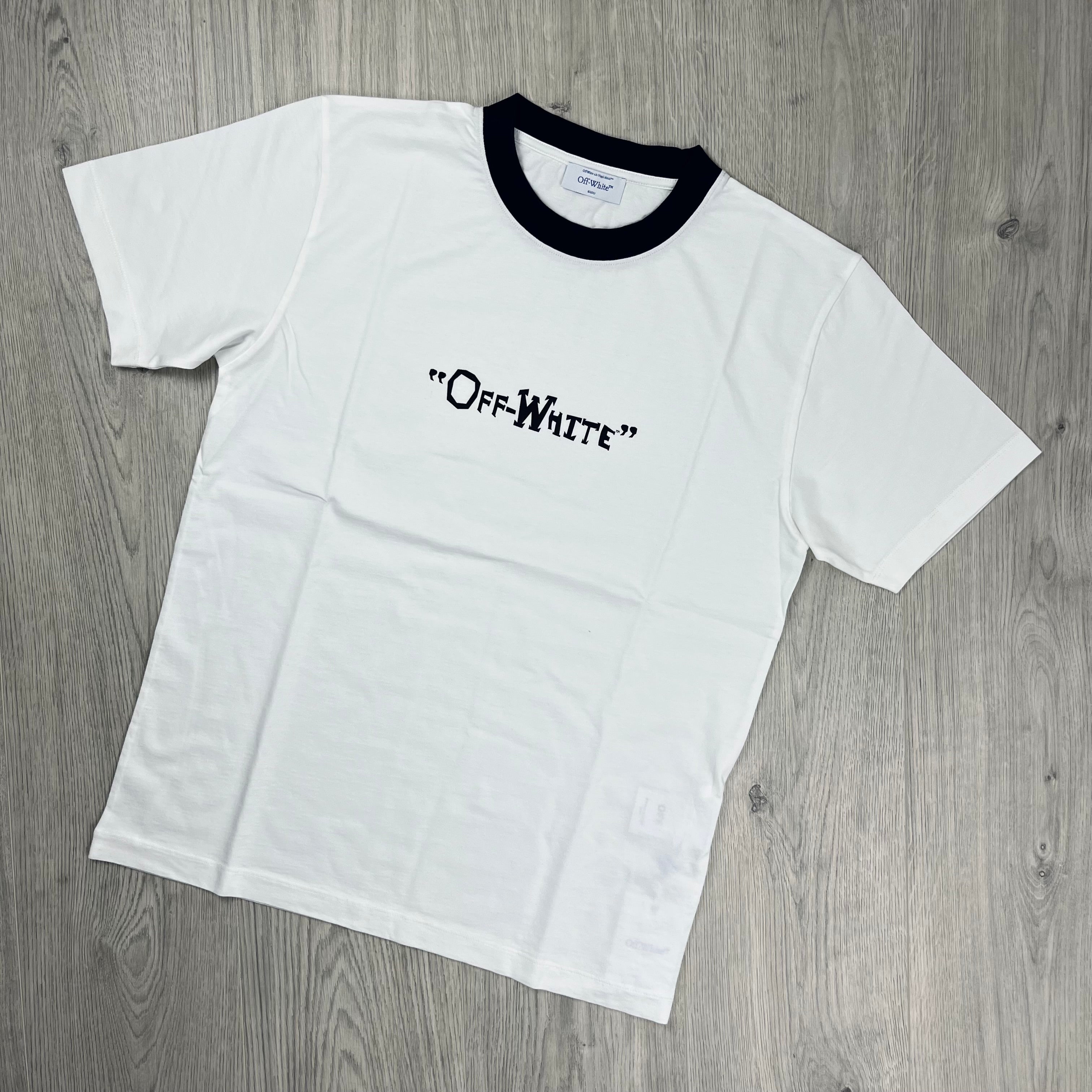 Off-White c/o Virgil Abloh Quote T-Shirt in White. On sale at Open Attire.