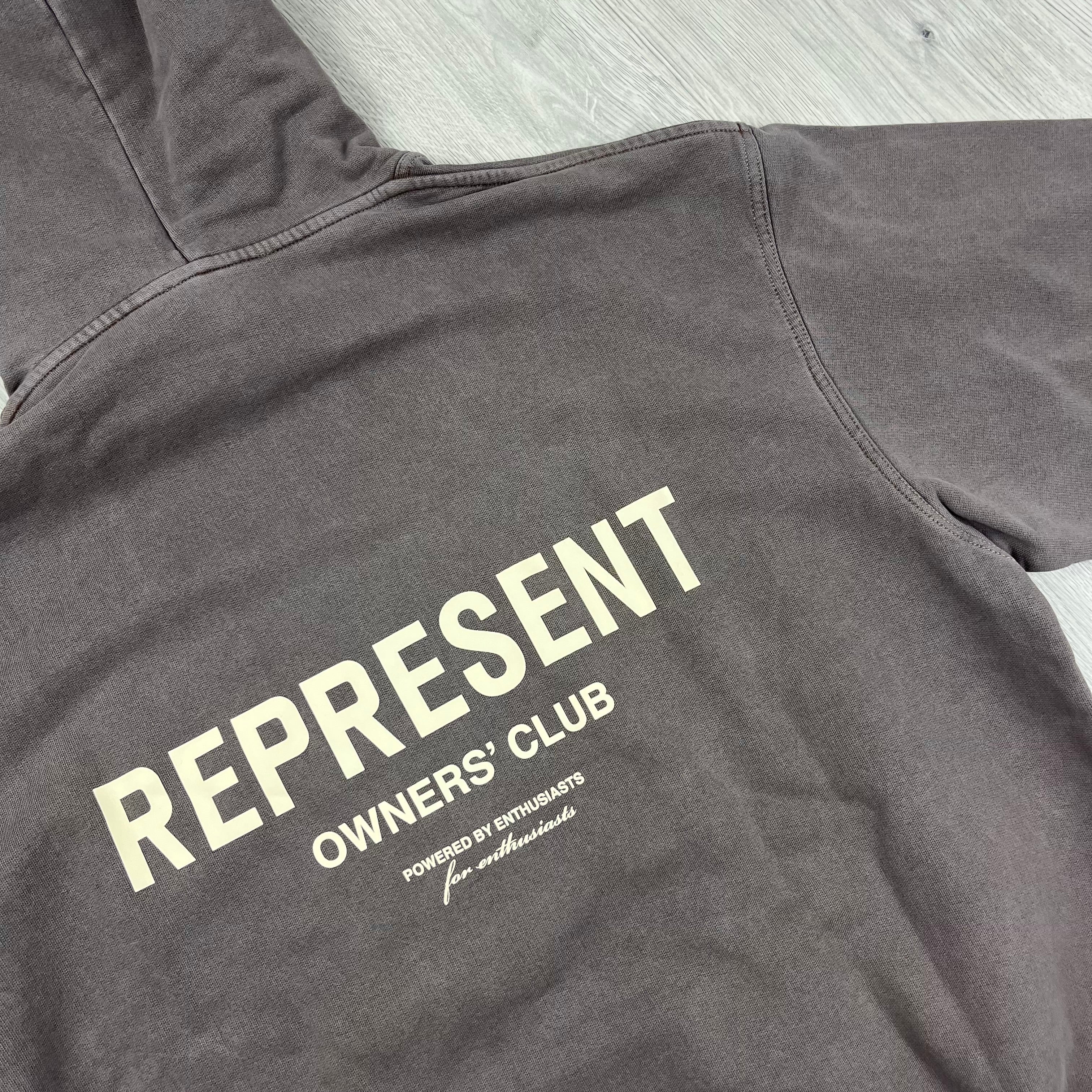 Represent 'Owners Club' Hoodie in Fog. On sale at Open Attire.