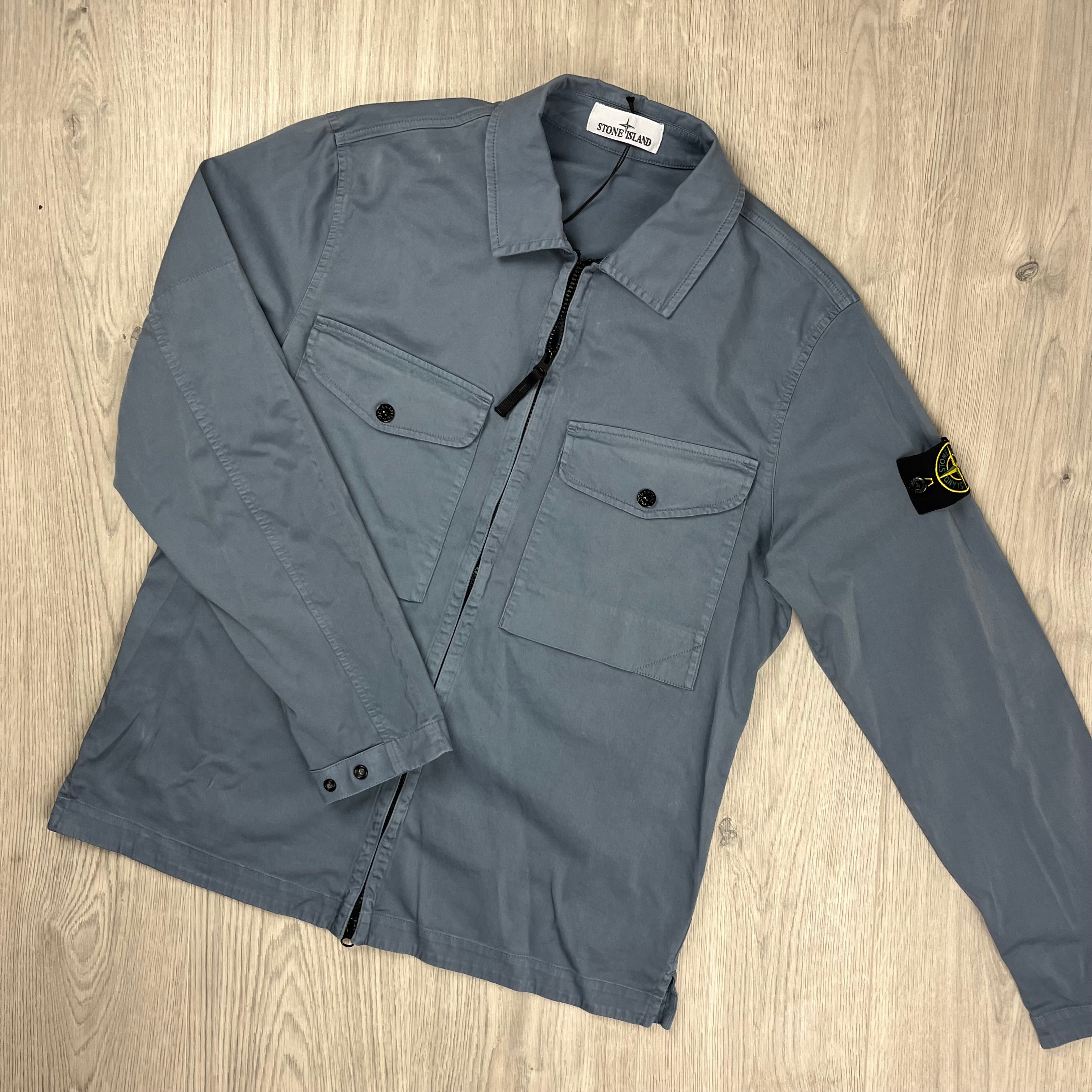 Stone Island Stretch Cotton Satin Overshirt in Avio Blue. On sale at Open Attire.