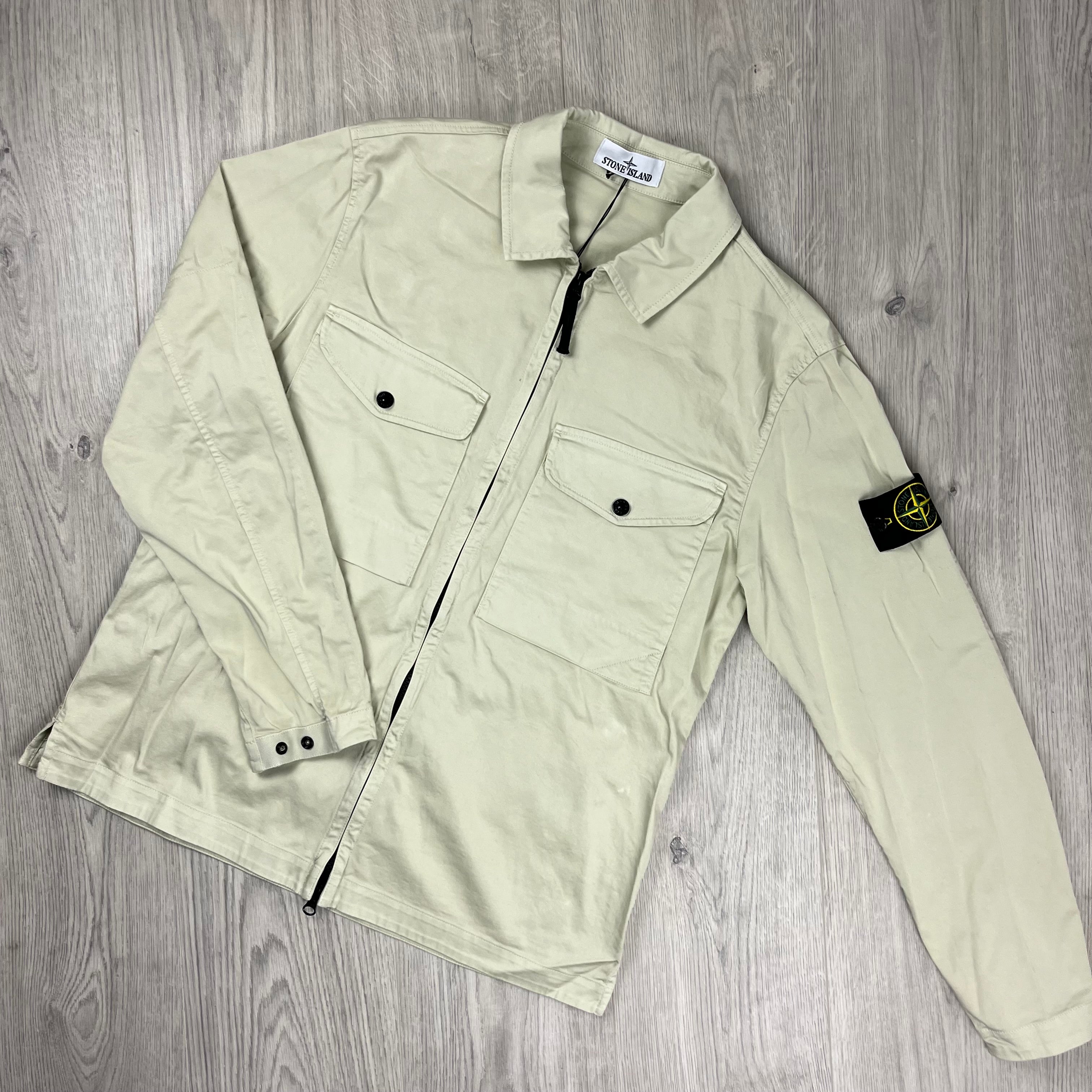 Stone Island Stretch Cotton Satin Overshirt in Sand Beige. On sale at Open Attire.